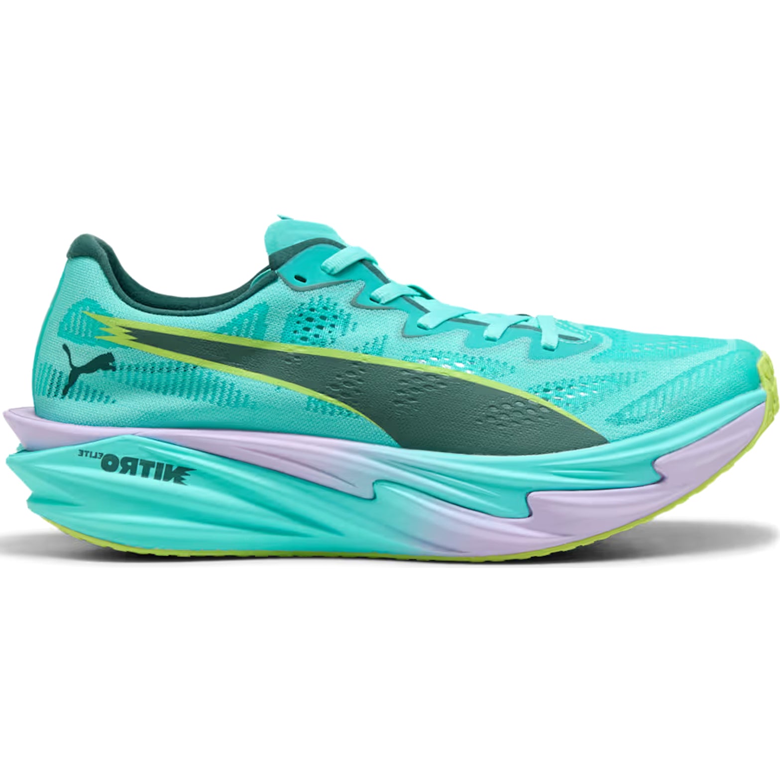 Women's Puma Deviate NITRO Elite 4 HYROX Running Shoes Intense Mint Light Lavender outer side view showing NITROFOAM Elite foam with carbon fibre PWRPLATE for HYROX competition performance