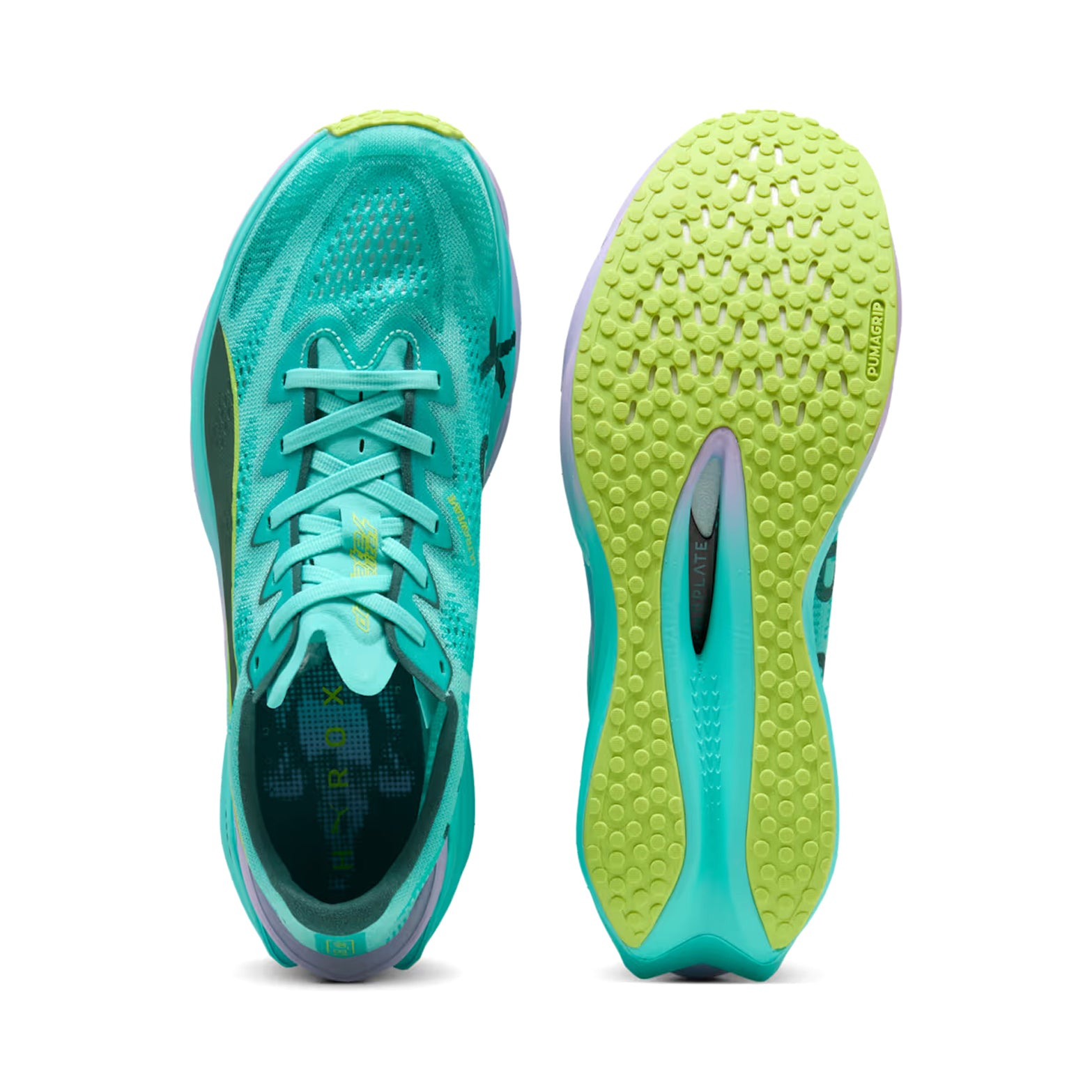 Women's Puma Deviate NITRO Elite 4 HYROX Running Shoes Intense Mint Light Lavender showing top view of lightweight upper construction alongside sole view displaying modified PUMAGRIP outsole with HYROX-specific tread pattern for sled traction and running efficiency