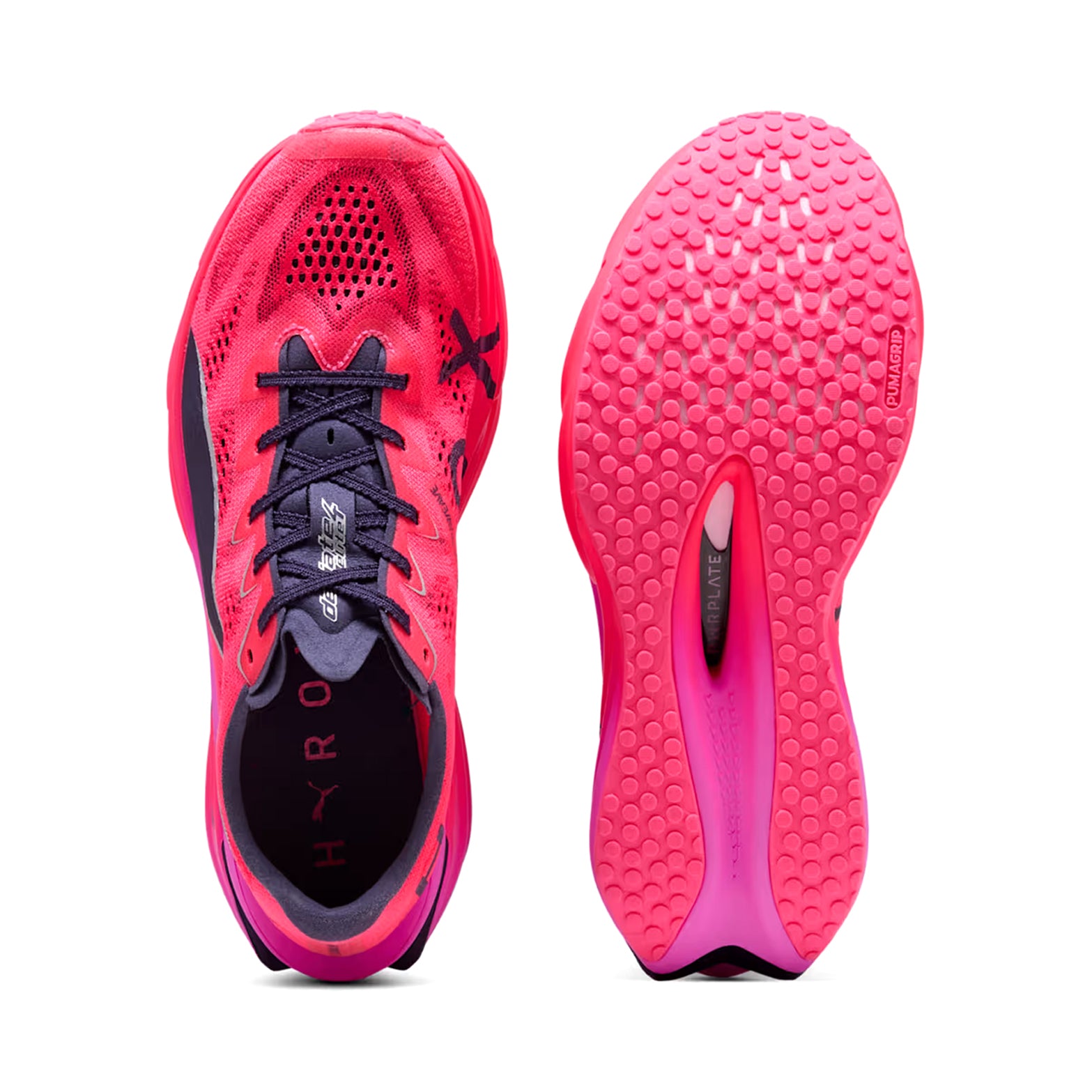 Women's PUMA Deviate NITRO Elite 4 HYROX Running Shoes Pure Pink Electric Orchid Deep Plum showing top view of upper and sole view displaying modified PUMAGRIP outsole for sled traction