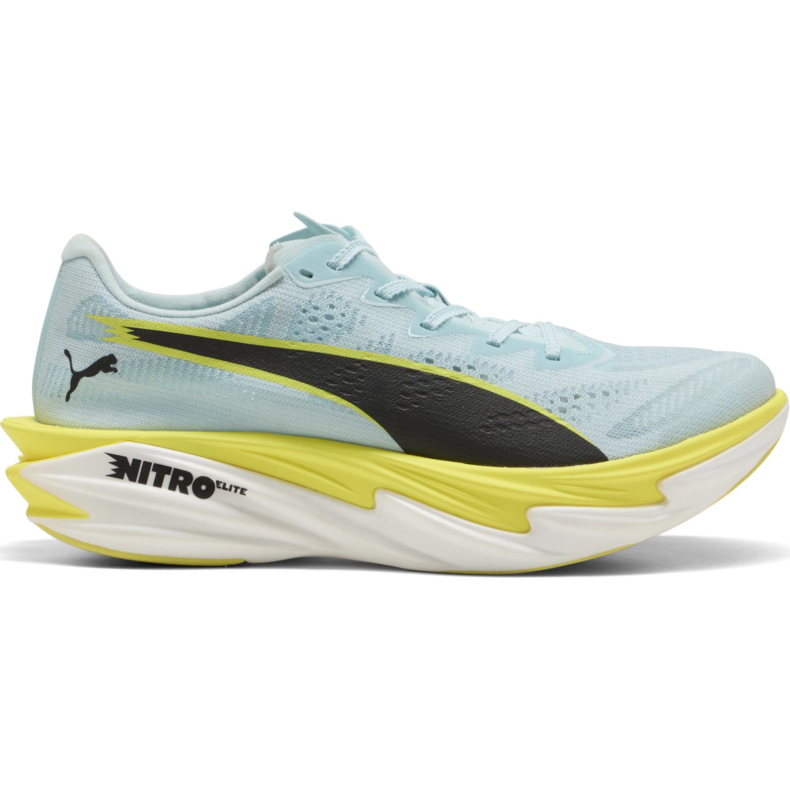 Women's PUMA Deviate NITRO Elite 4 Running Shoes Blue Yellow outer side view showing NITROFOAM Elite midsole with re-engineered carbon fibre PWRPLATE