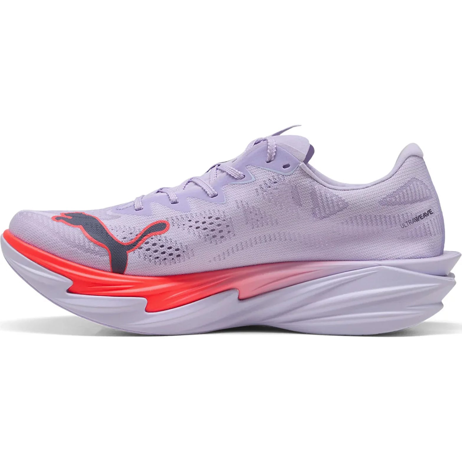 Women's Puma Deviate NITRO Elite 4 Running Shoes Light Lavender Ultra Red Inky Depths inner side view showing carbon fibre PWRPLATE with NITROFOAM Elite cushioning for propulsive energy transfer during racing