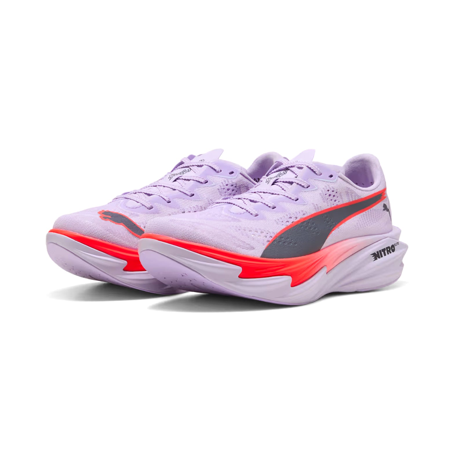 Women's Puma Deviate NITRO Elite 4 Running Shoes Light Lavender Ultra Red Inky Depths angled side view of pair showing NITROFOAM Elite foam with carbon fibre PWRPLATE and PUMAGRIP outsole for competitive road racing performance