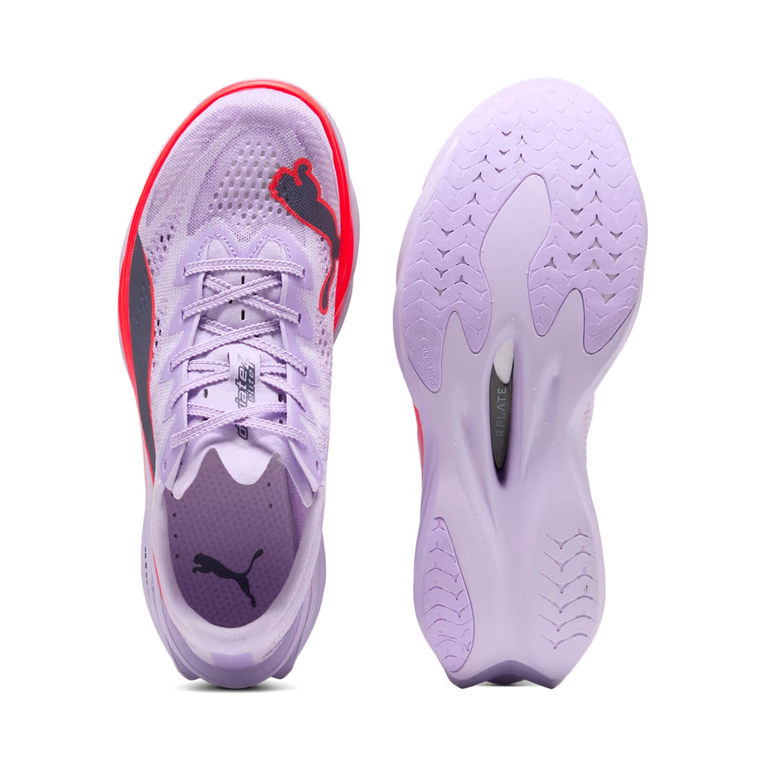 Women's Puma Deviate NITRO Elite 4 Running Shoes Light Lavender Ultra Red Inky Depths showing top view of lightweight breathable upper alongside sole view displaying PUMAGRIP outsole for reliable traction during road racing and competition