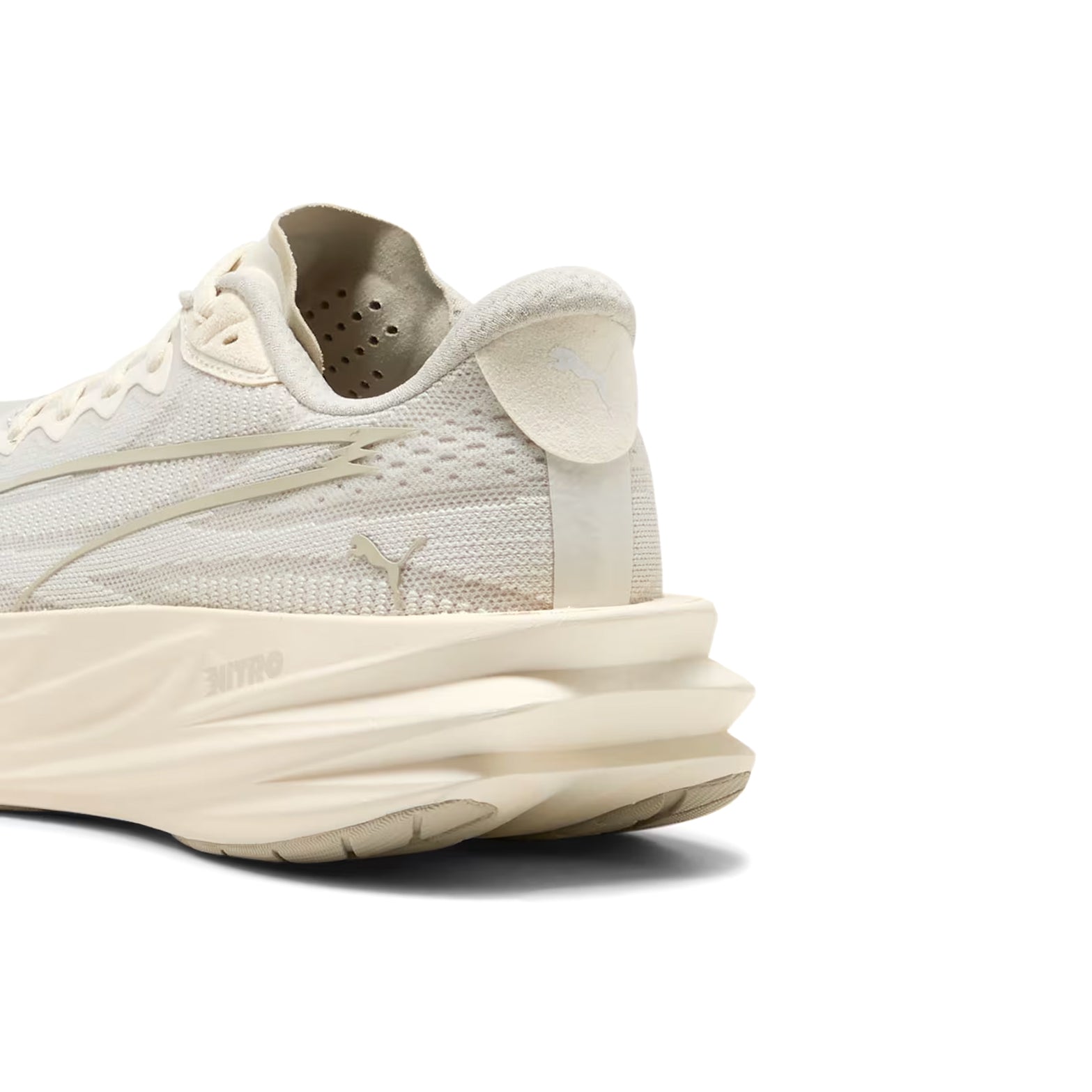 Women's Puma Deviate Pure NITRO Running Shoes Alpine Snow Warm White heel view showing NITROFOAM cushioning stack with 8mm heel-to-toe drop for responsive daily running