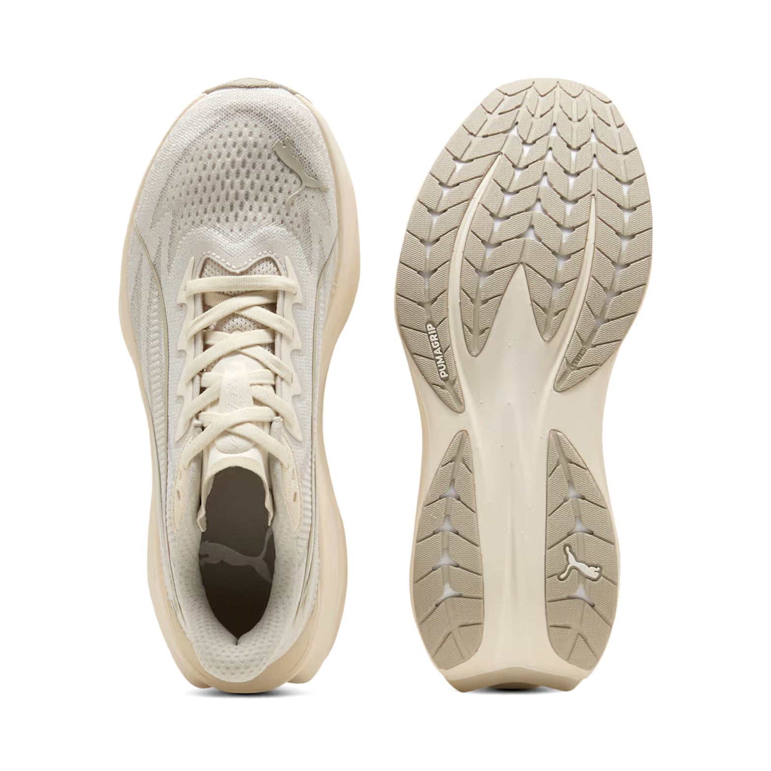 Women's Puma Deviate Pure NITRO Running Shoes Alpine Snow Warm White showing top view of recycled upper construction alongside sole view displaying flexible plateless outsole for daily road running