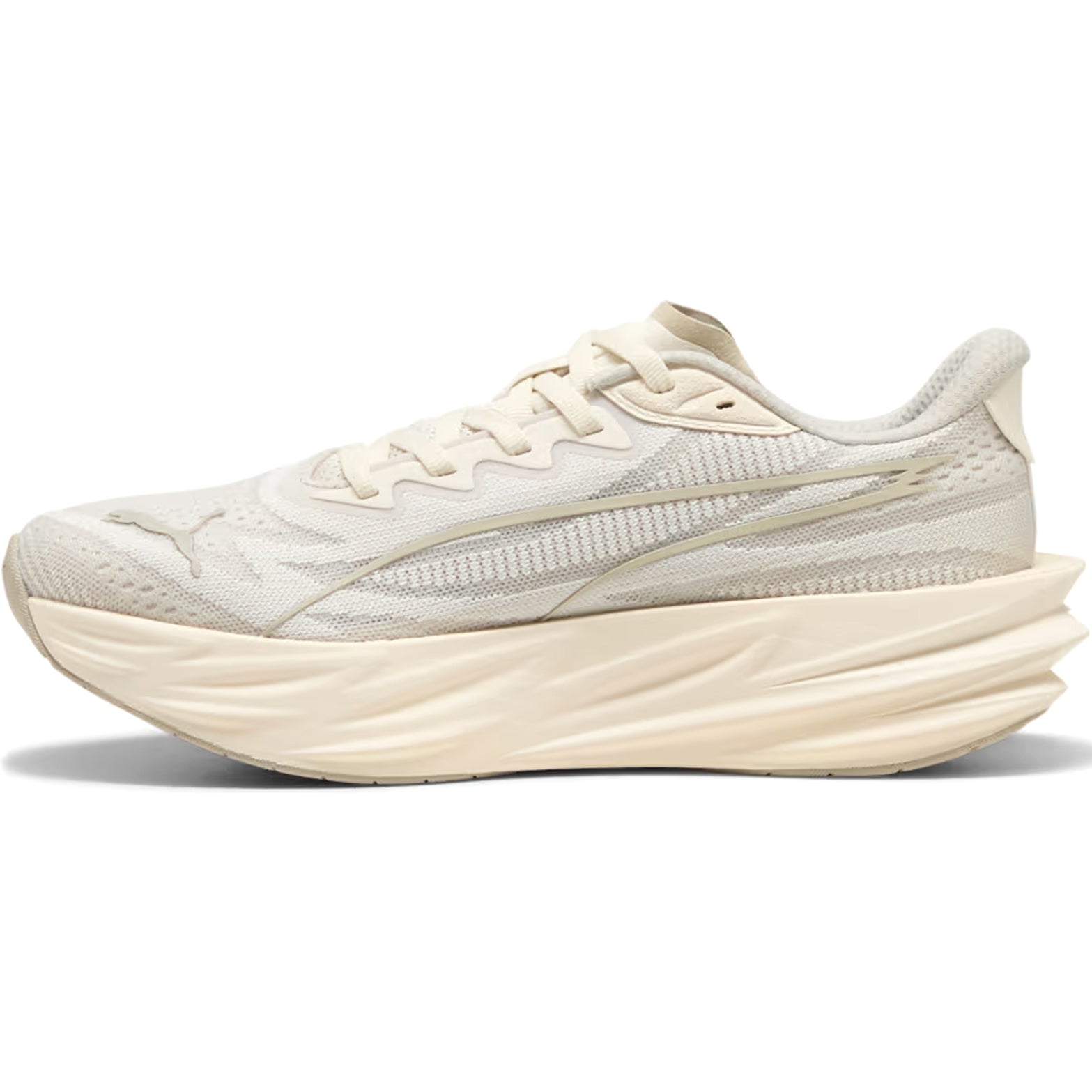 Women's Puma Deviate Pure NITRO Running Shoes Alpine Snow Warm White inner side view showing lightweight NITROFOAM cushioning with responsive plateless ride for road running
