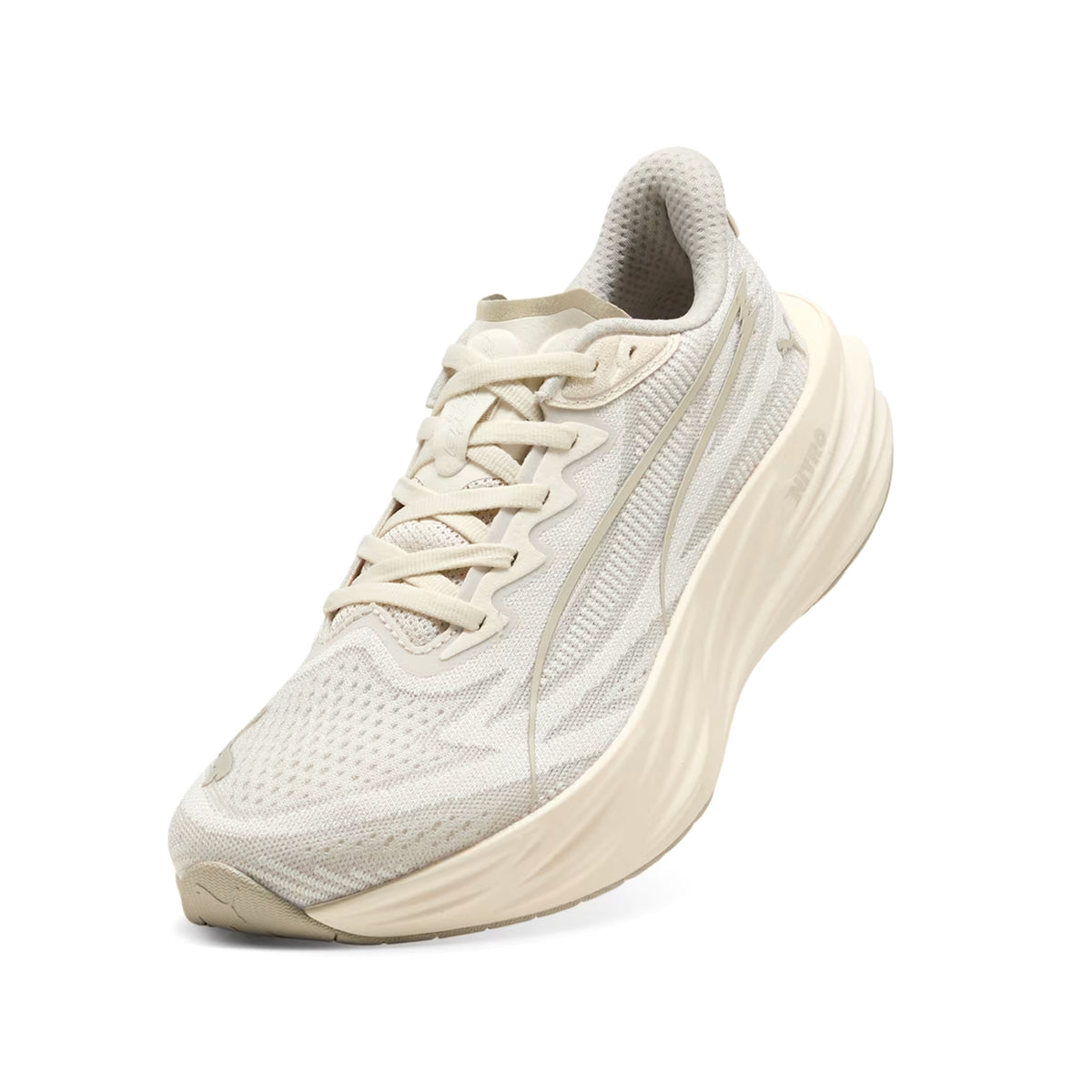 Women's Puma Deviate Pure NITRO Running Shoes Alpine Snow Warm White side view on female runner showing NITROFOAM cushioning with flexible plateless construction for comfortable daily speed and training runs
