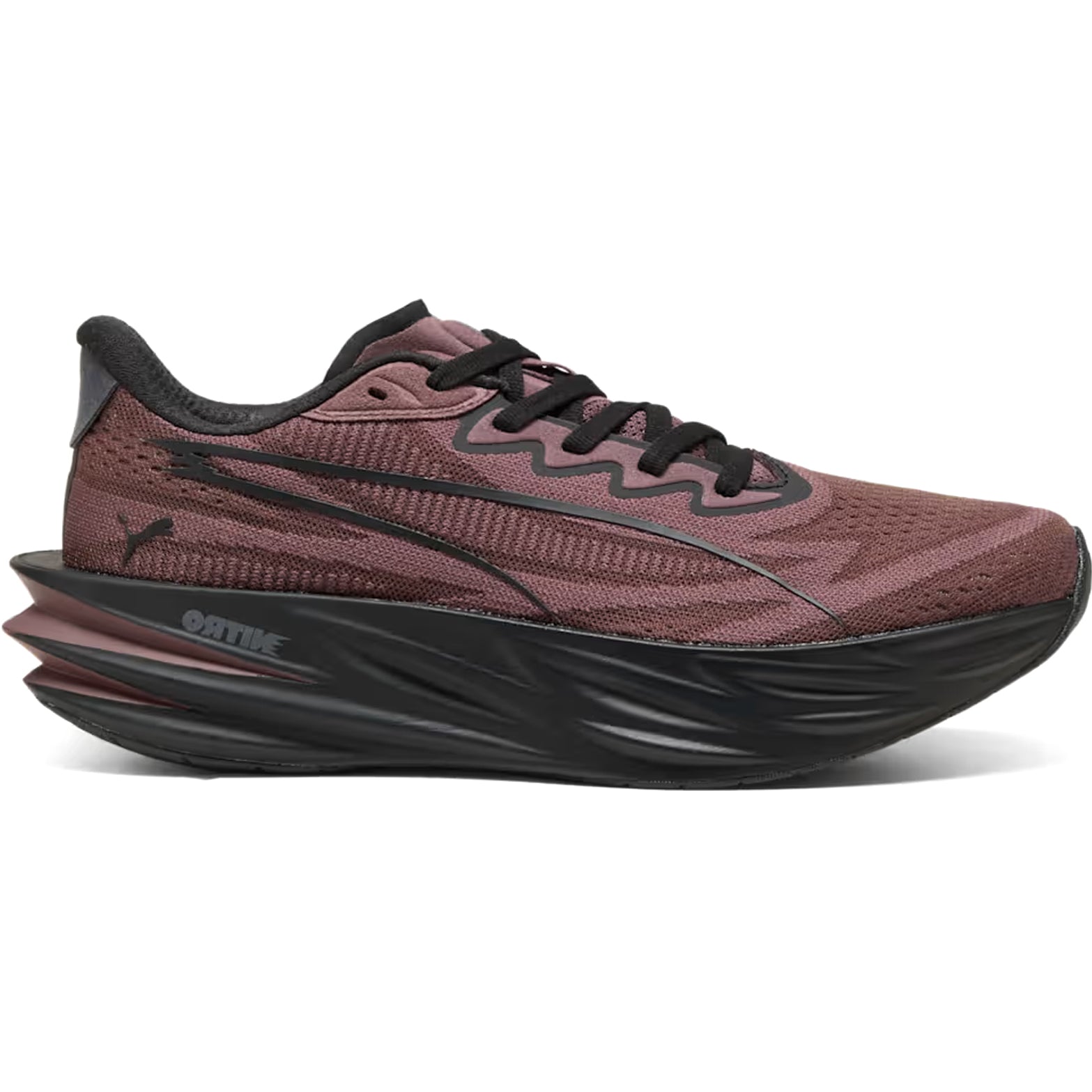 Women's Puma Deviate Pure NITRO Running Shoes Rich Cocoa Puma Black outer side view showing NITROFOAM nitrogen-injected cushioning with plateless flexible construction for daily training