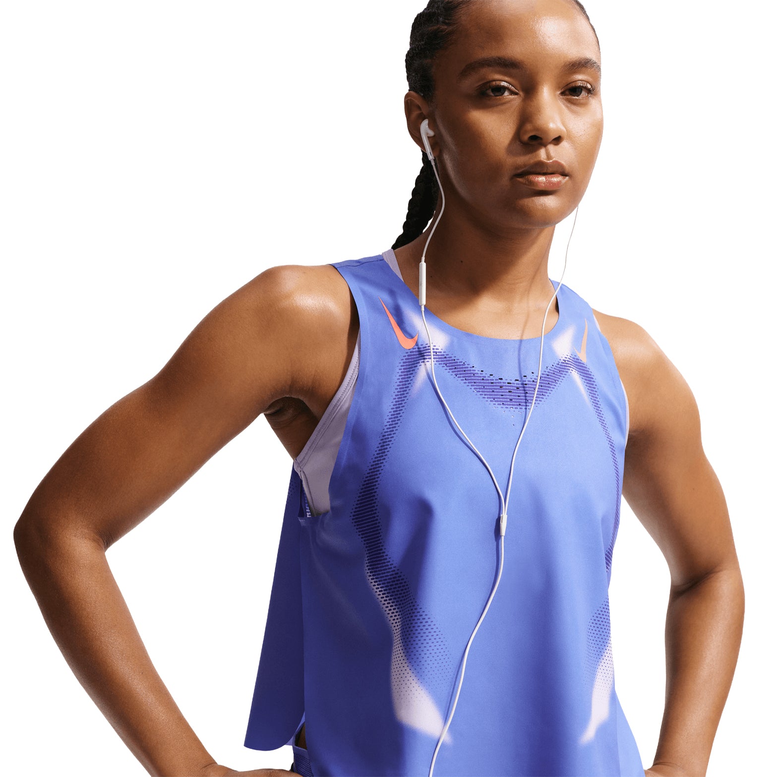 Women's Nike Dri-FIT ADV Cropped Running Vest Sapphire Hot Lava front view on female runner showing cropped design with Dri-FIT ADV moisture-wicking for breathable running performance