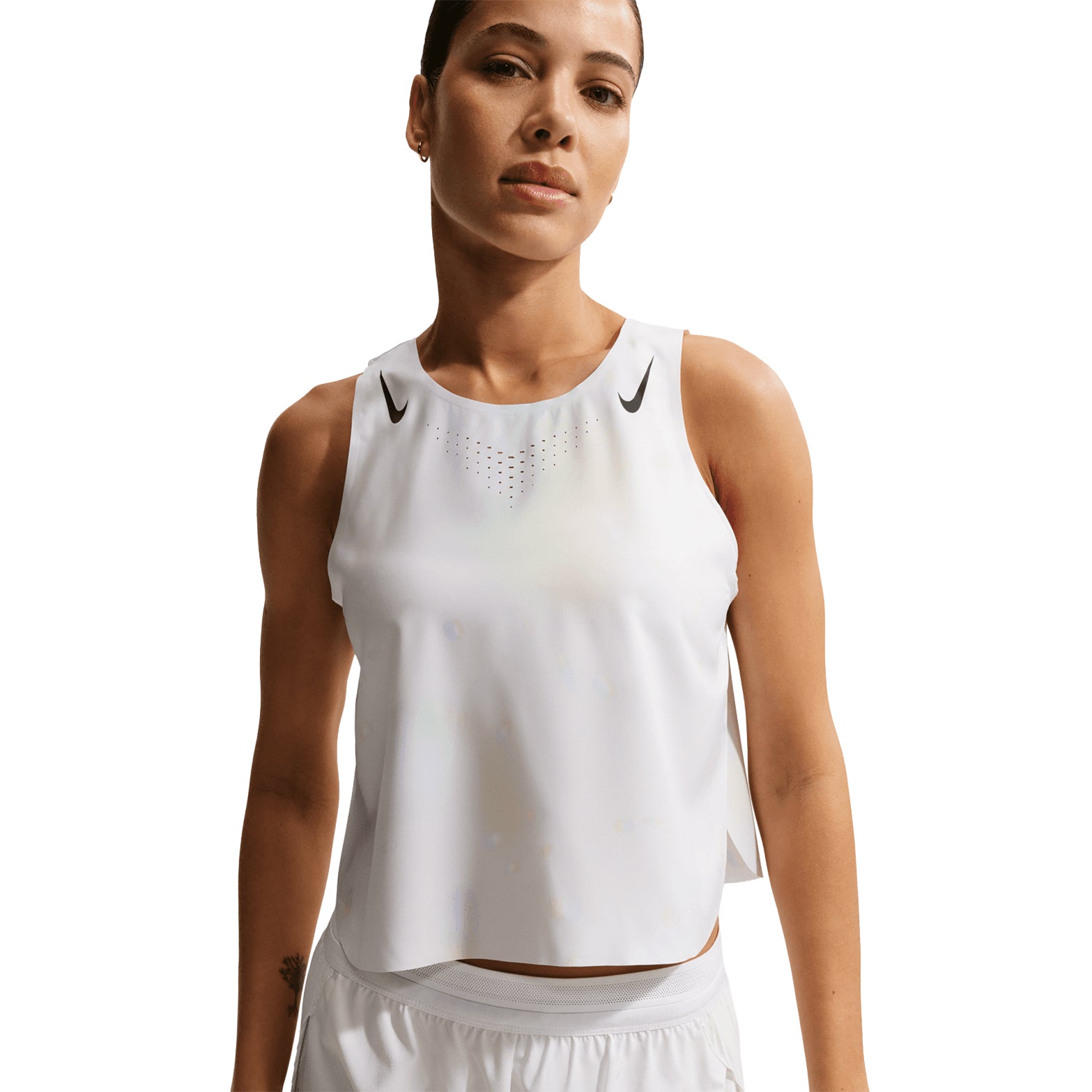 Women's Nike Dri-FIT ADV Cropped Running Vest Off White Black front view on female runner showing cropped design with Dri-FIT ADV moisture-wicking technology for breathable performance