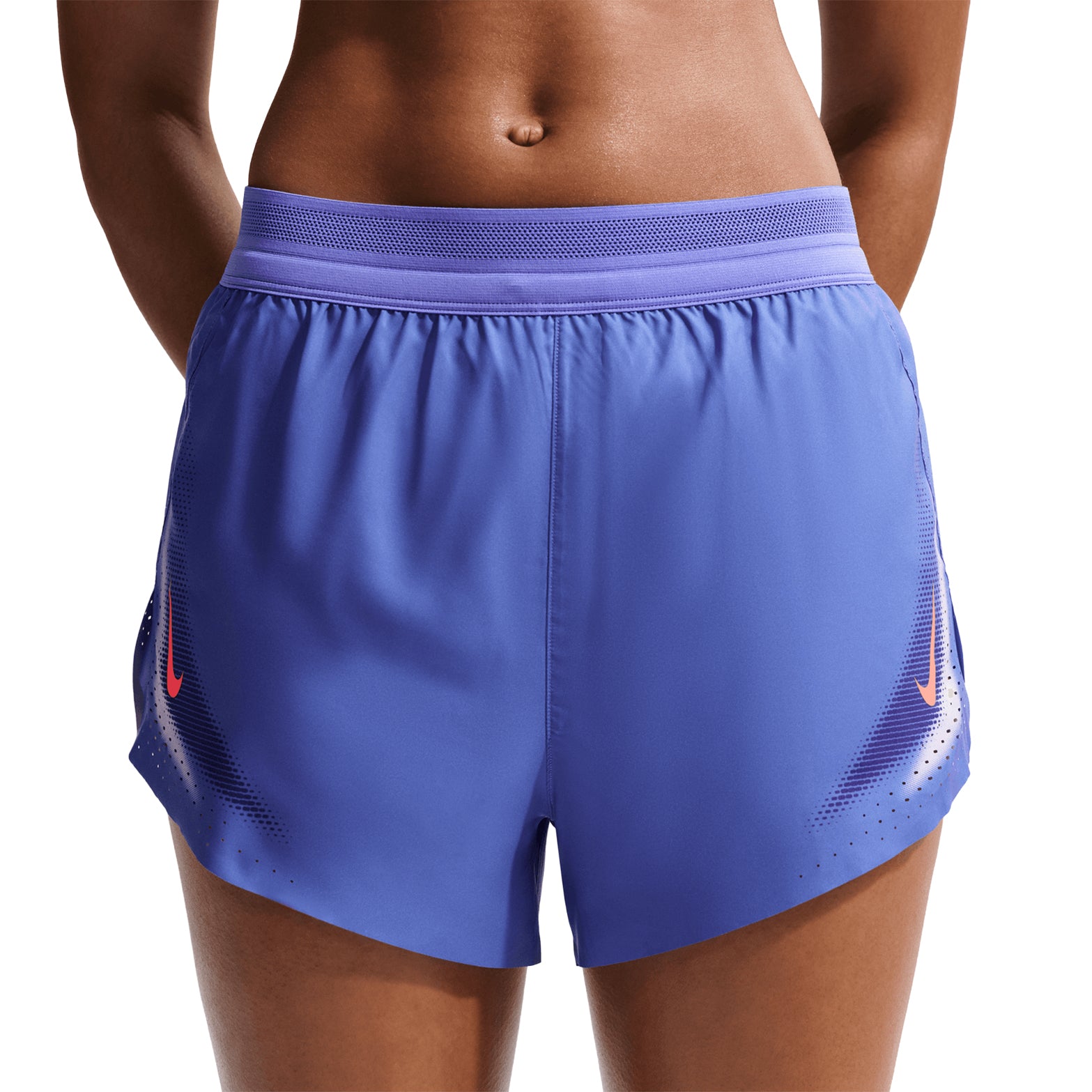 Women's Nike Dri-FIT Aeroswift ADV 3 Inch Running Shorts Sapphire Hot Lava front view on female runner showing lightweight racing construction with Dri-FIT ADV moisture-wicking technology