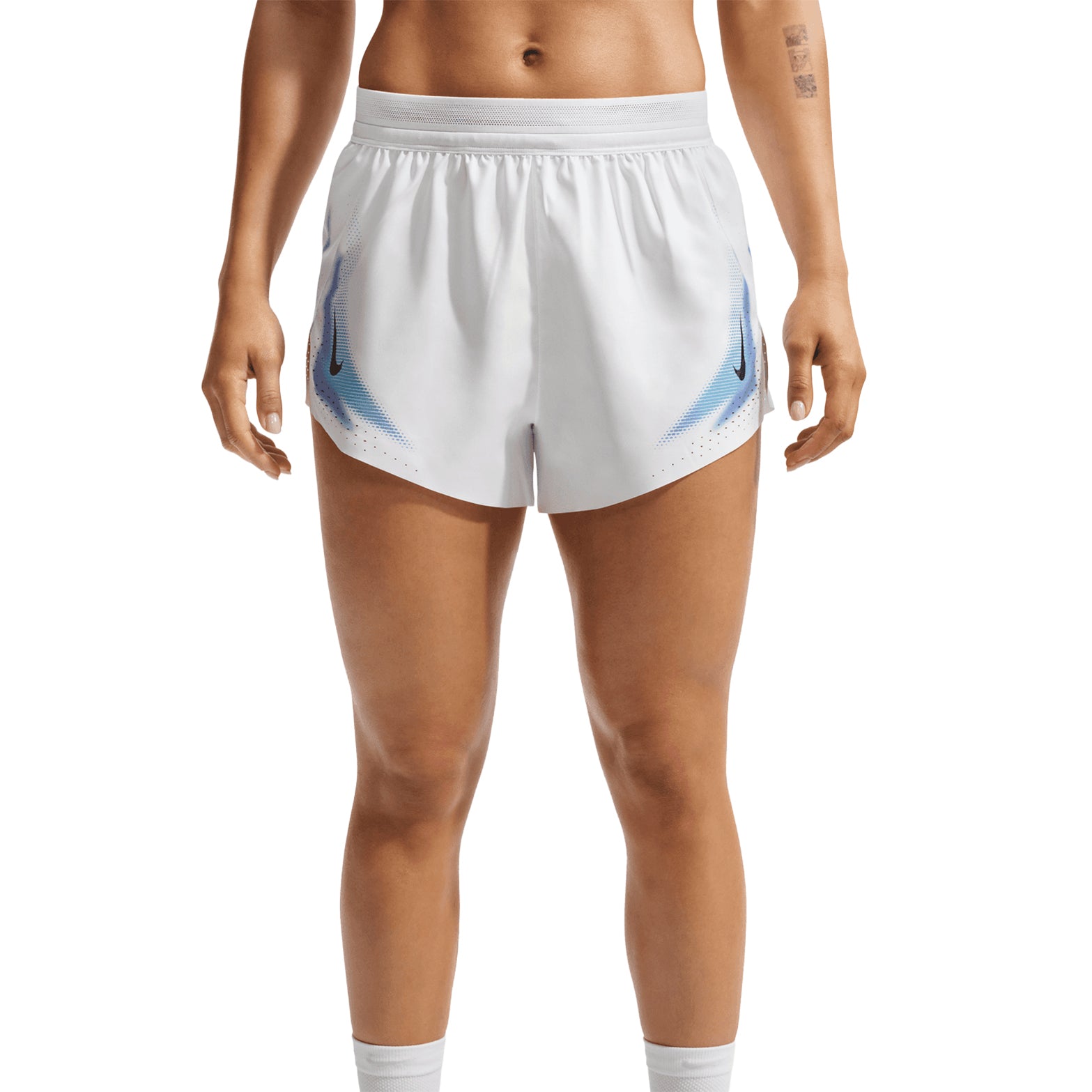 Women's Nike Dri-FIT Aeroswift ADV 3 Inch Running Shorts White Black front view on female runner showing lightweight racing construction with Dri-FIT ADV moisture-wicking technology