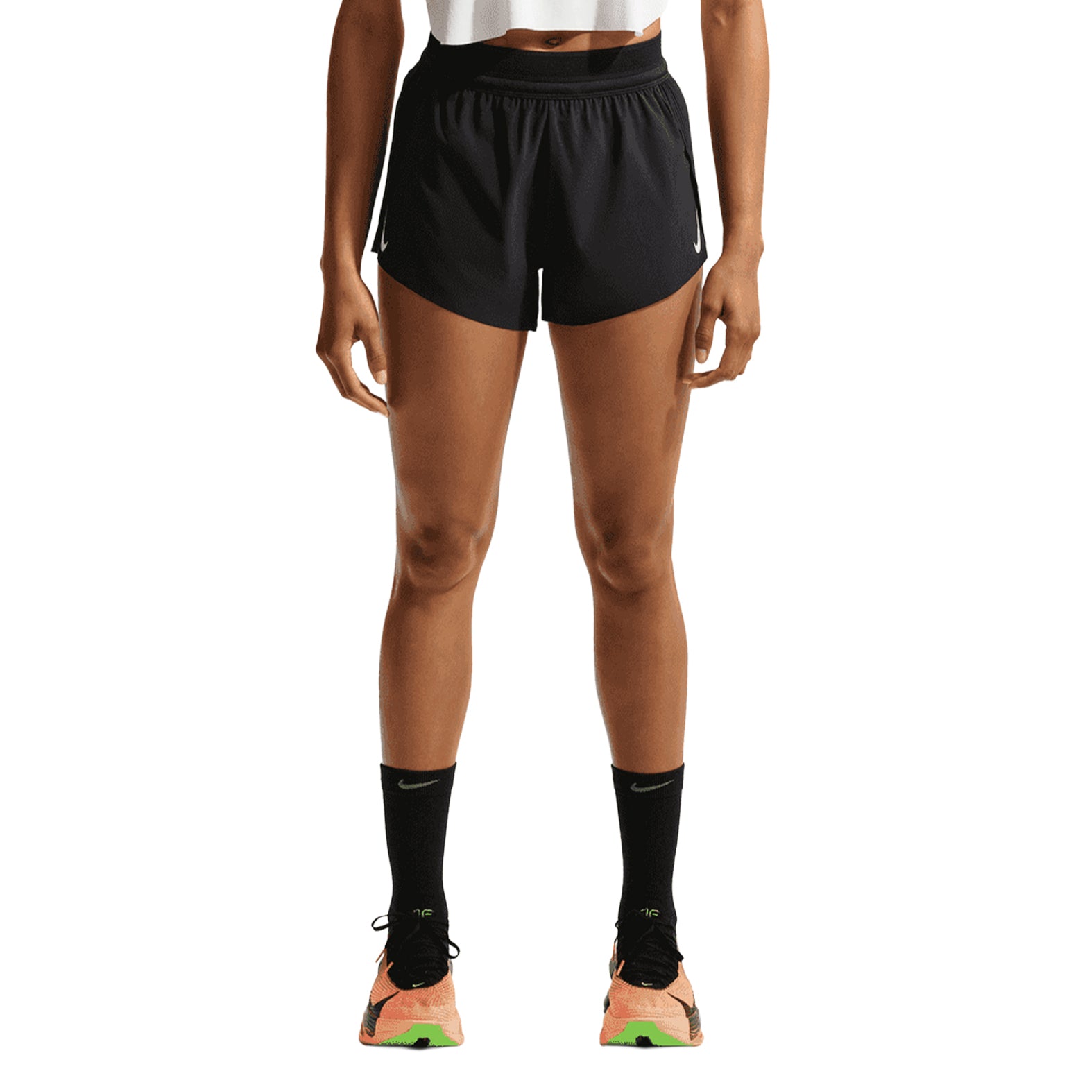 Women's Nike Dri-FIT AeroSwift ADV Mid-Rise 3 Inch Running Shorts Black White front view on female runner showing lightweight construction and mid-rise fit