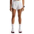 Women's Nike Dri-FIT Aeroswift ADV Mid-Rise 3 Inch Running Shorts White Black front view on female runner showing mid-rise design with Dri-FIT ADV moisture-wicking technology for breathable performance