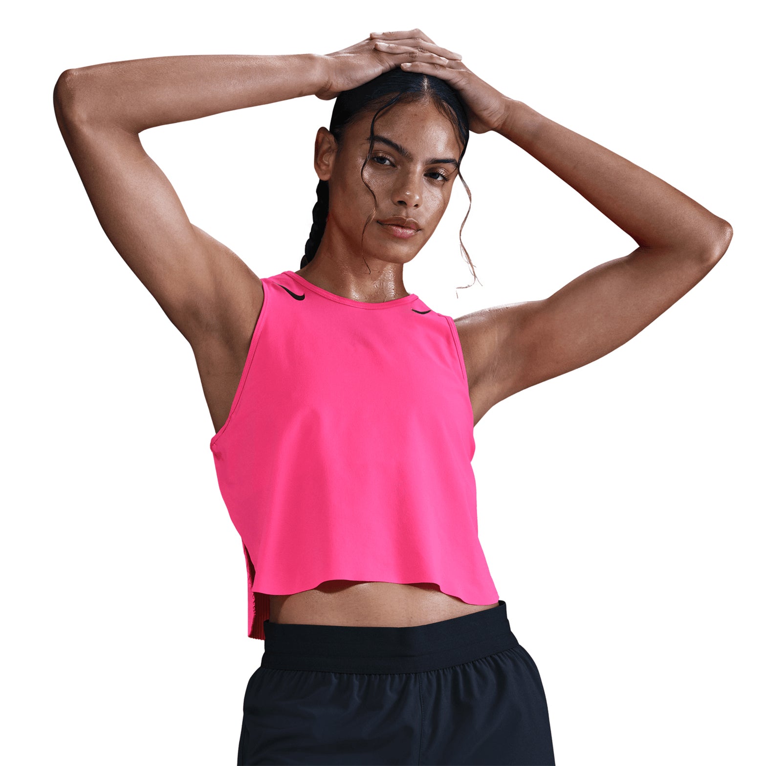 Nike AeroSwift women's Dri-FIT ADV cropped running tank in Hyper Pink / Black — front product shot showing hyper pink slim-fitting construction with black detailing and side slits for airflow