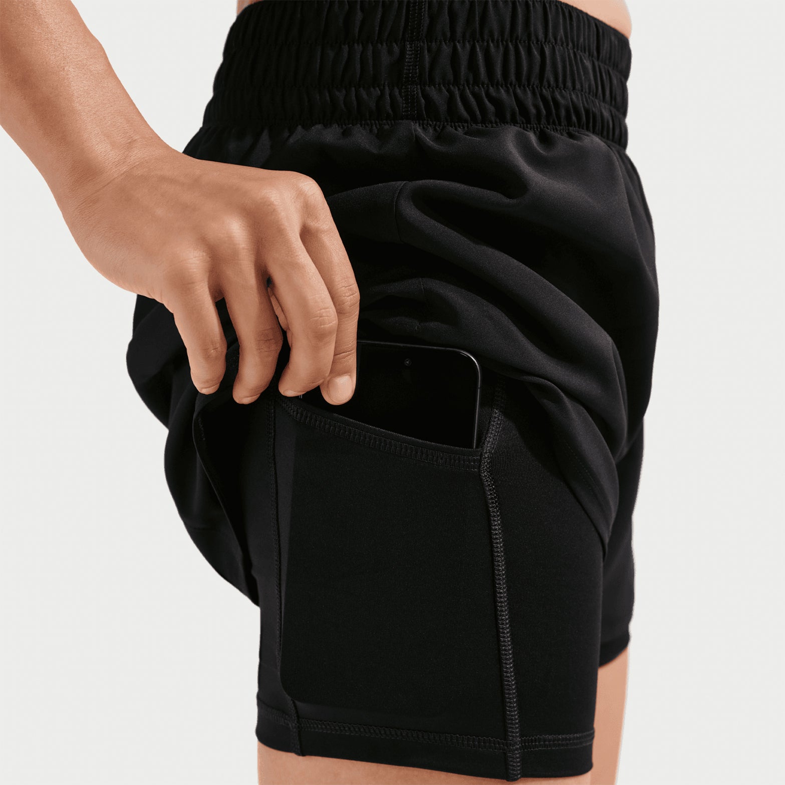 Women's Nike Dri-FIT High-Waisted 3 Inch 2-in-1 Shorts Black White side view showing 3 inch outer shorts with built-in inner liner and high-rise waistband