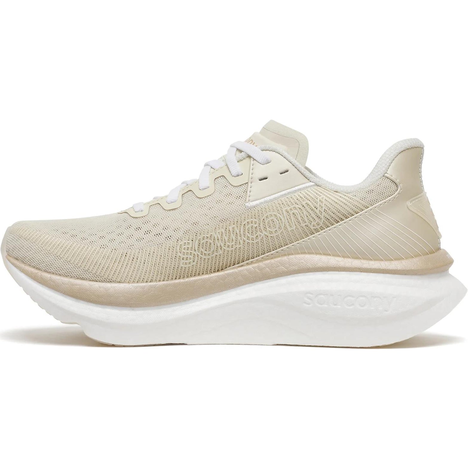 Women's Saucony Endorphin Azura Running Shoes Eggshell Ivory inner side view showing 40mm heel PWRRUN PB superfoam with SpeedRoll geometry for smooth forward-rolling transitions