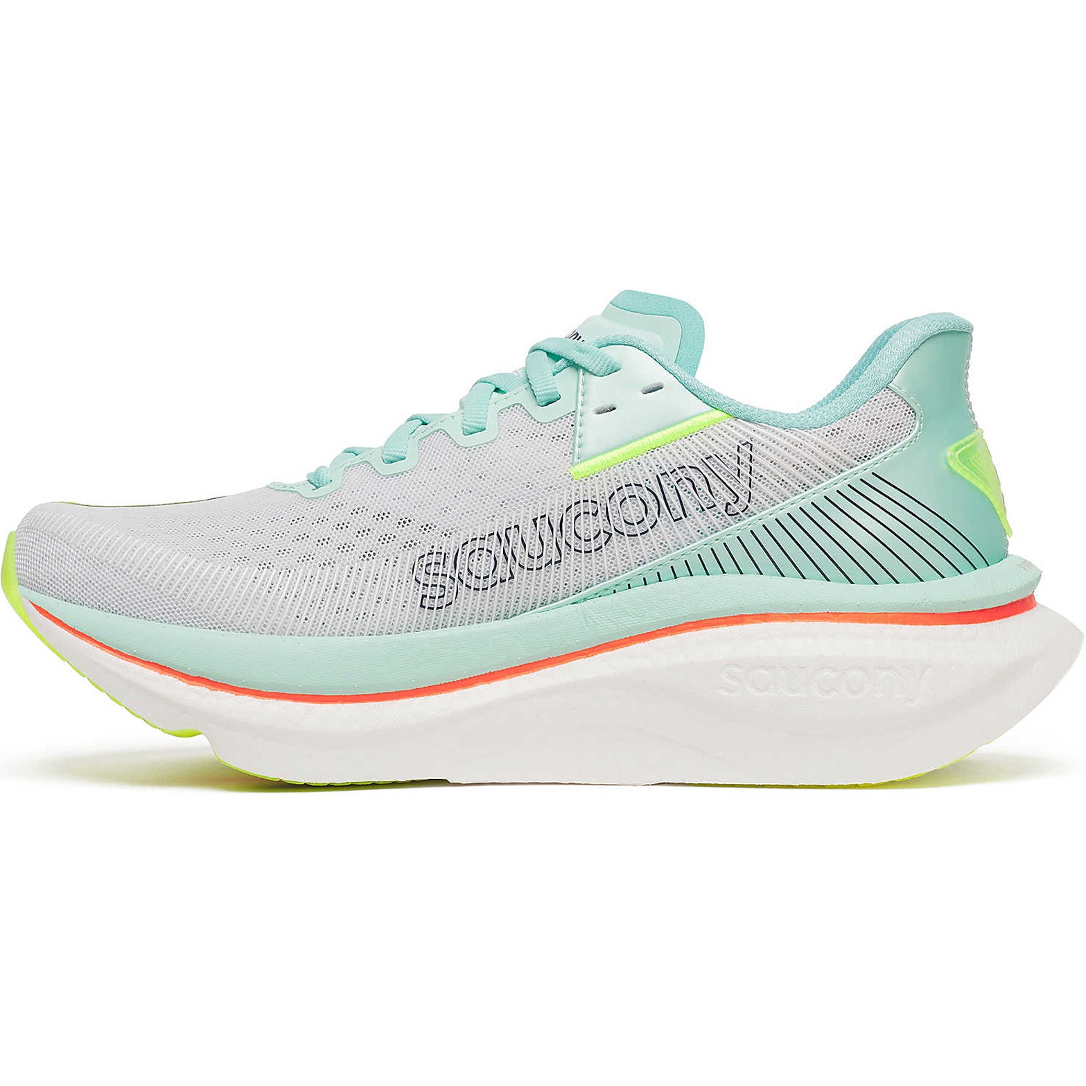 Women's Saucony Endorphin Azura Running Shoes White Splash inner side view showing 40mm PWRRUN PB cushioning stack and padded heel collar