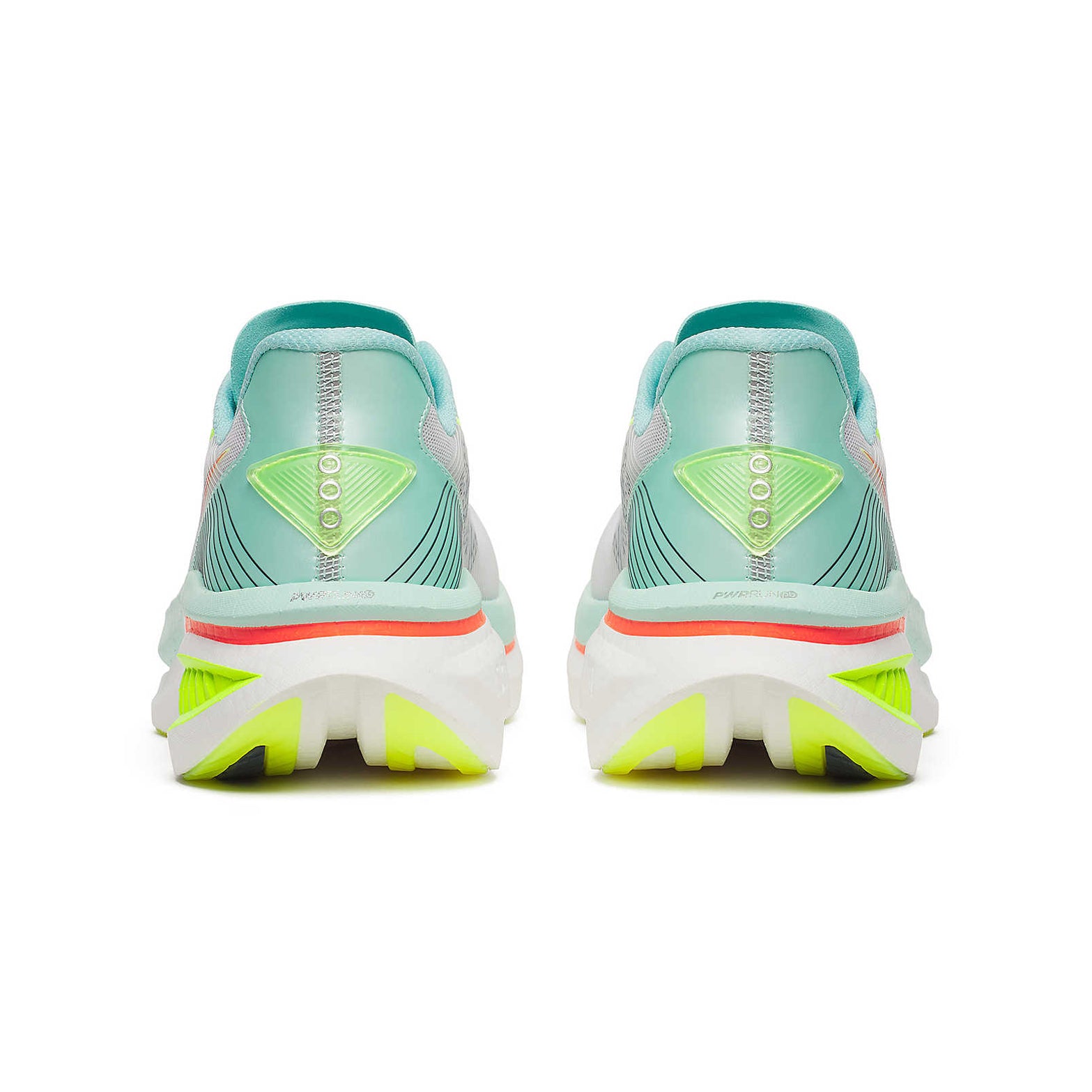 Women's Saucony Endorphin Azura Running Shoes White Splash pair heel view showing padded heel collar and PWRRUN PB midsole stack height