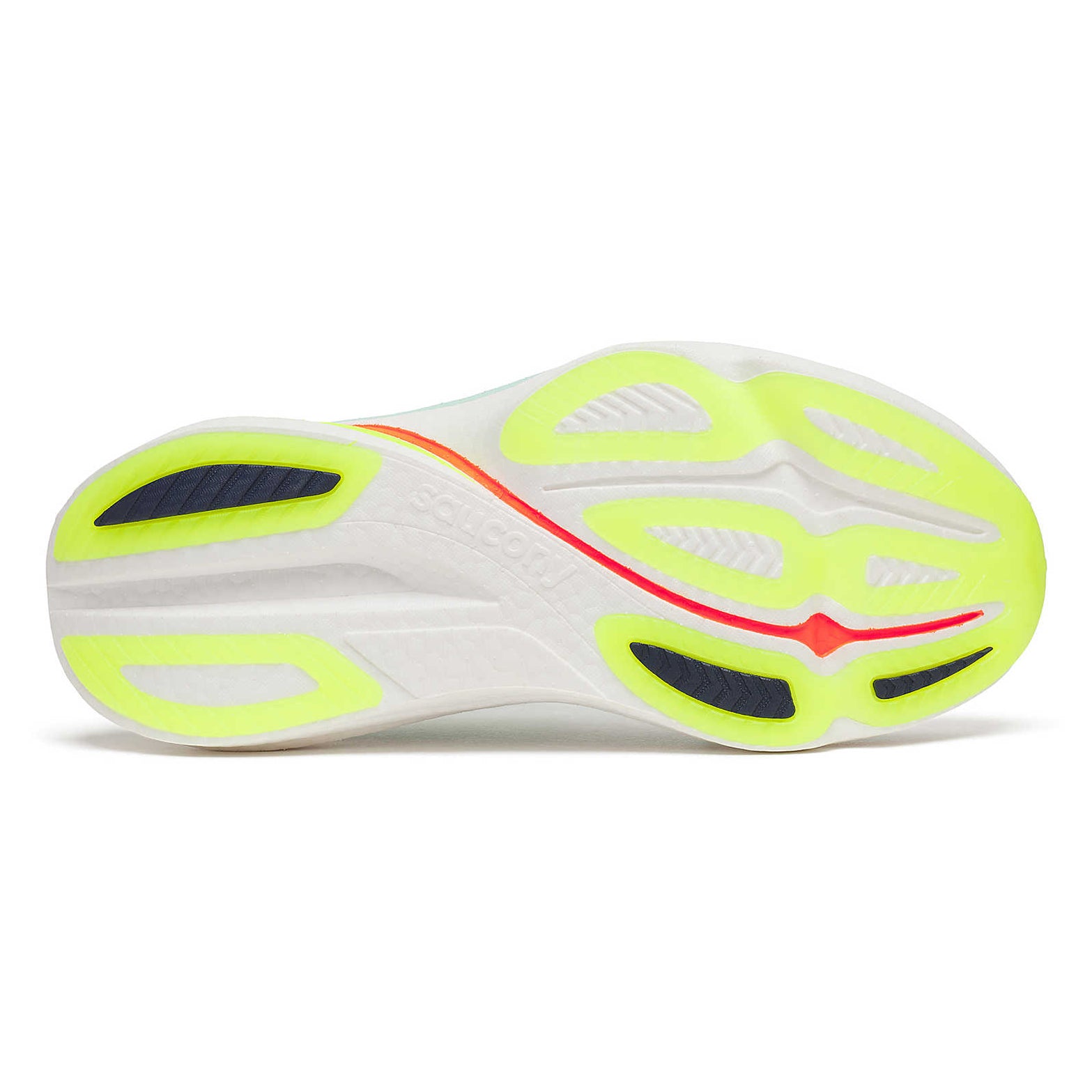 Women's Saucony Endorphin Azura Running Shoes White Splash sole view displaying XT-900 carbon rubber outsole placement