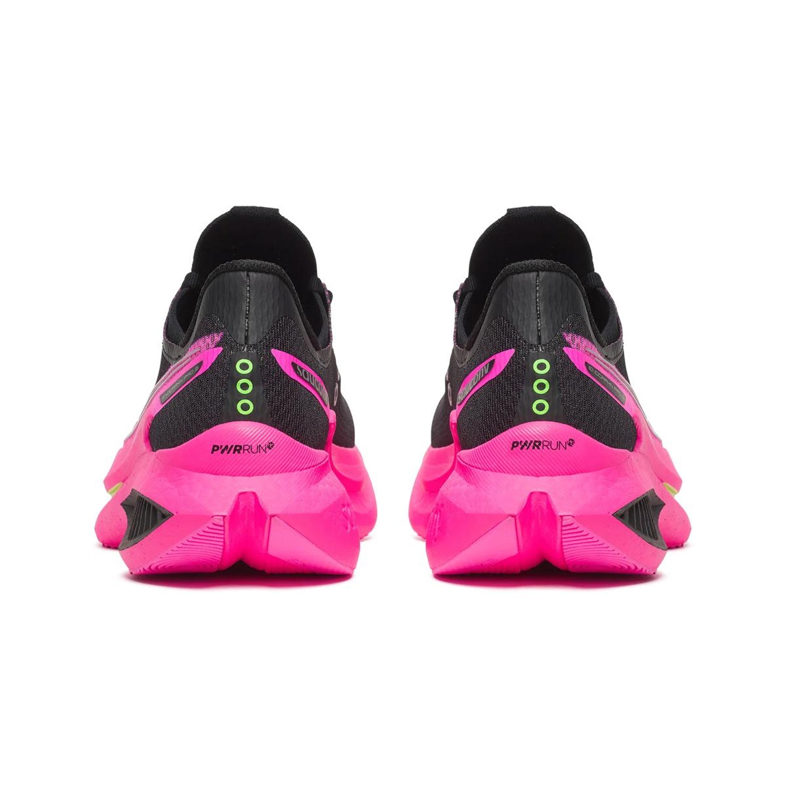 Women's Saucony Endorphin Pro 5 Running Shoes Black Pink heel view showing dual-layer PWRRUN foam stack with aggressive slotted carbon fibre plate