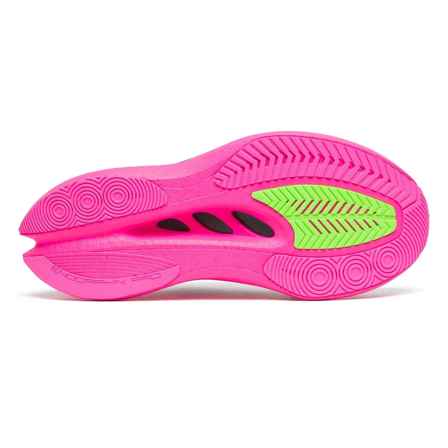 Women's Saucony Endorphin Pro 5 Running Shoes Black Pink sole view displaying PWRTRAC rubber outsole with improved grip and surface abrasion resistance