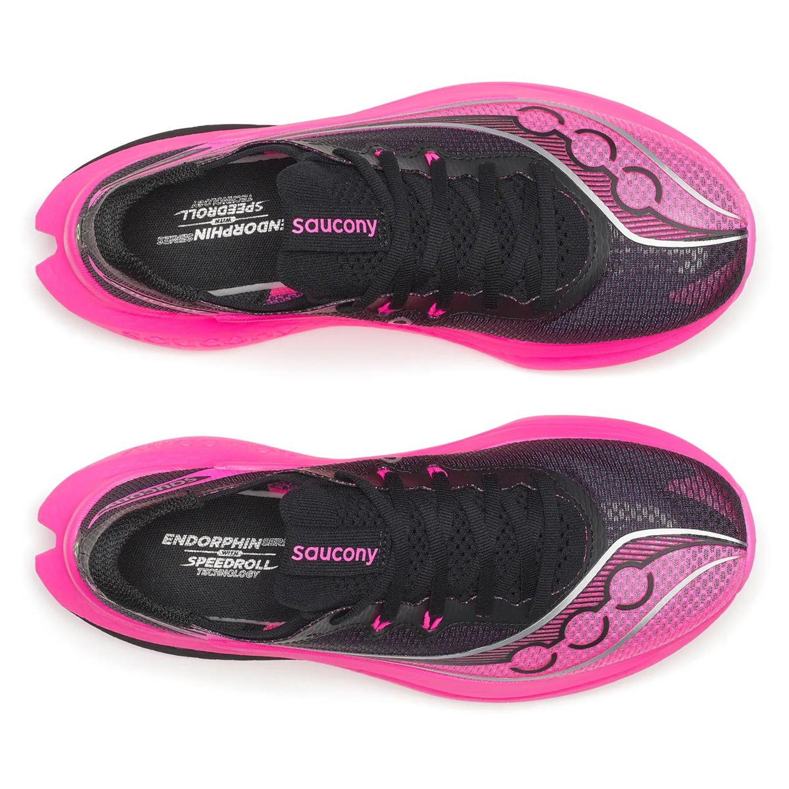 Women's Saucony Endorphin Pro 5 Running Shoes Black Pink top view showing lightweight racing upper construction with carbon-plated super shoe design