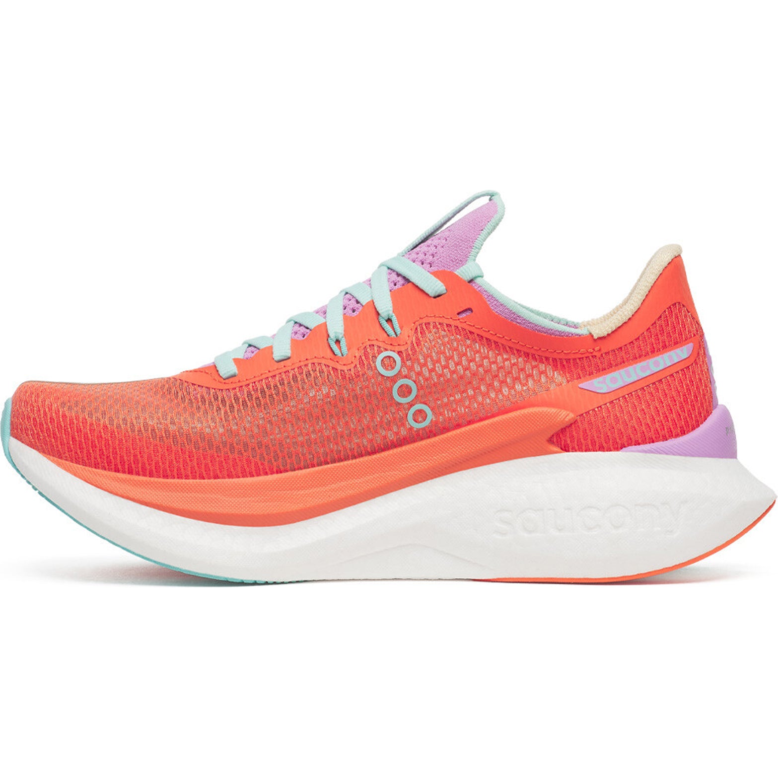 Women's Saucony Endorphin Pro 5 Running Shoes Fire Orchid inner side view showing PWRRUN PB base with carbon plate and enhanced SpeedRoll technology