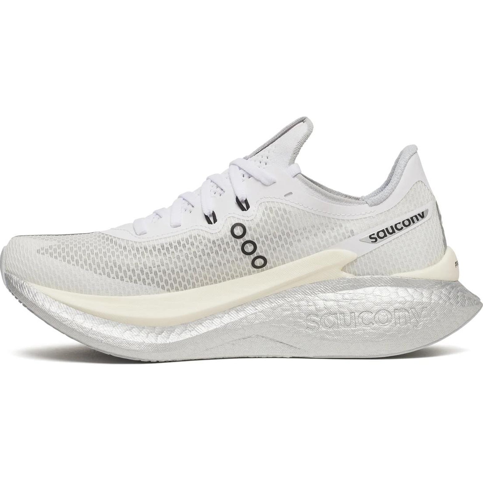 Women's Saucony Endorphin Pro 5 Running Shoes White Black inner side view showing PWRRUN PB base with carbon plate and enhanced SpeedRoll technology