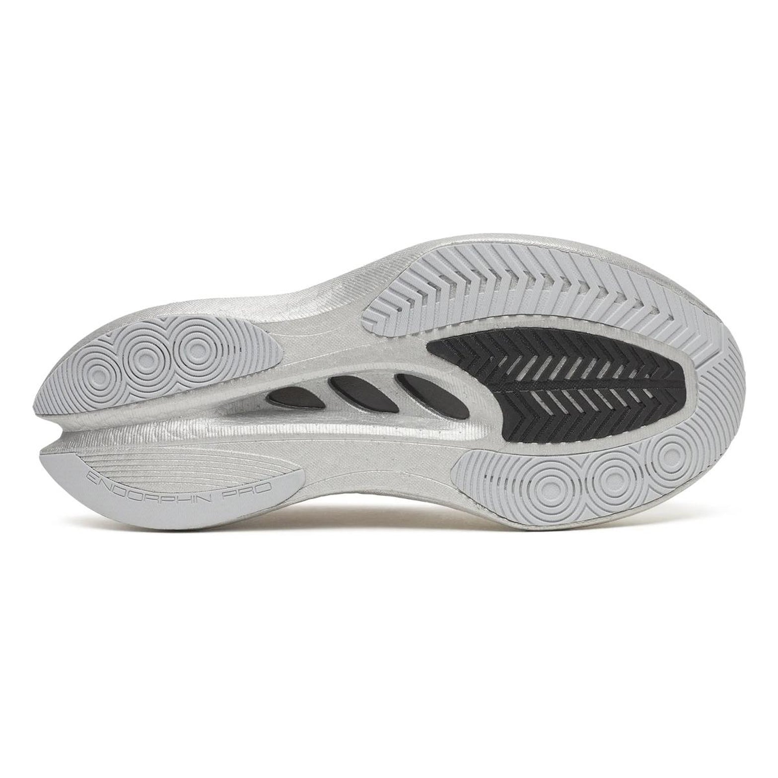Women's Saucony Endorphin Pro 5 Running Shoes White Black sole view displaying PWRTRAC rubber outsole with improved grip and surface abrasion resistance