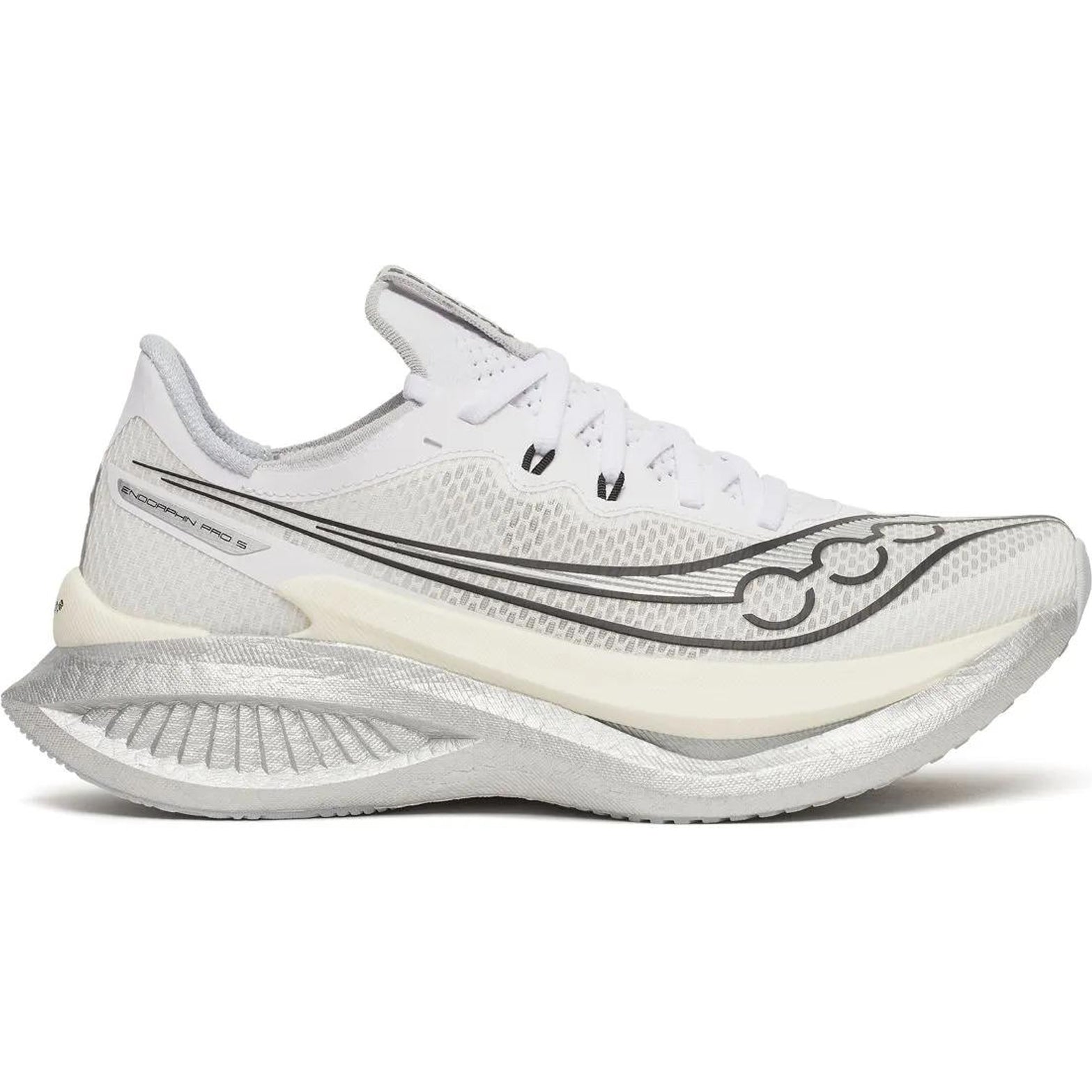 Women's Saucony Endorphin Pro 5 Running Shoes White Black outer side view showing dual-layer PWRRUN foam with Super Critical PWRRUN HG and new slotted carbon fibre plate