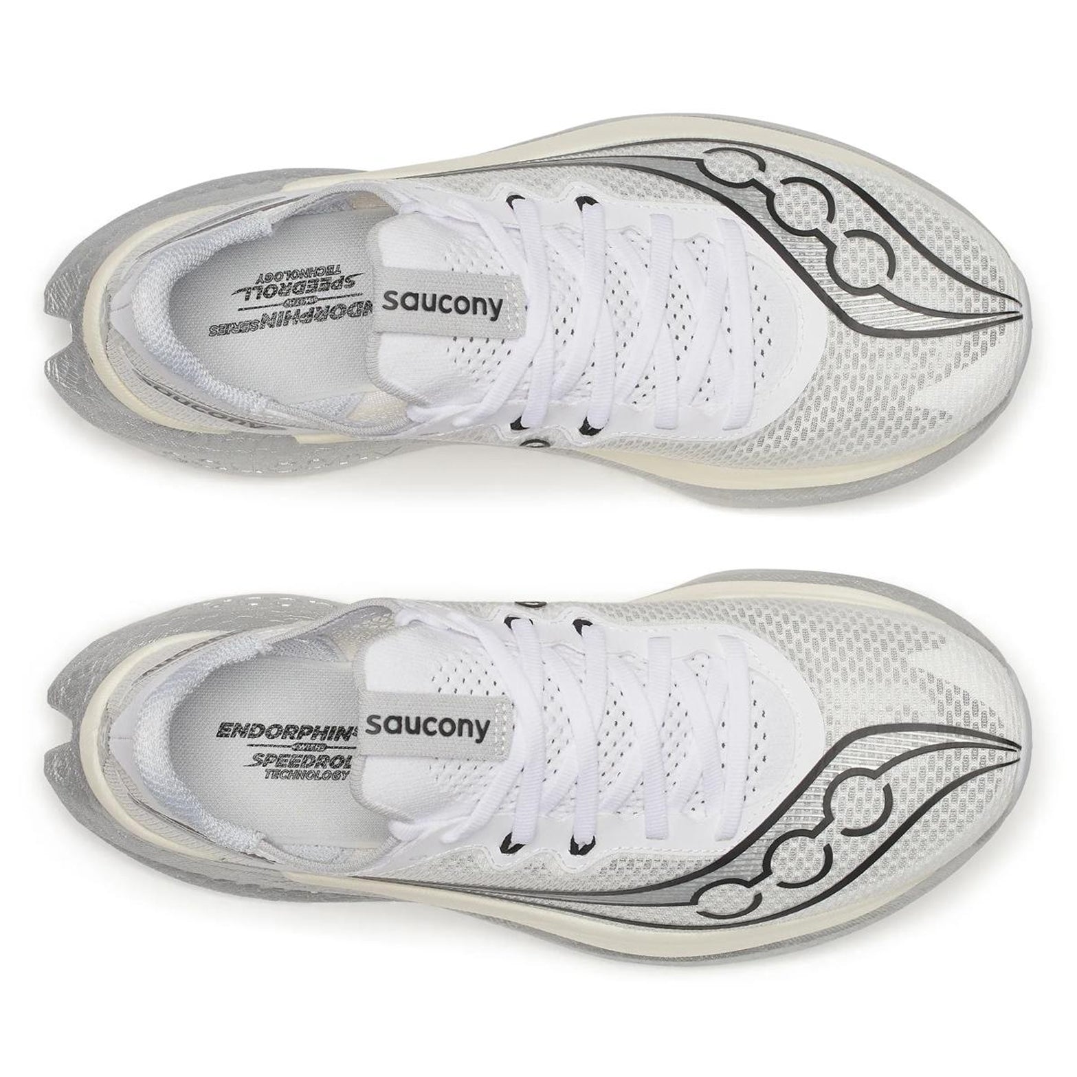 Women's Saucony Endorphin Pro 5 Running Shoes White Black top view showing lightweight racing upper construction with carbon-plated super shoe design