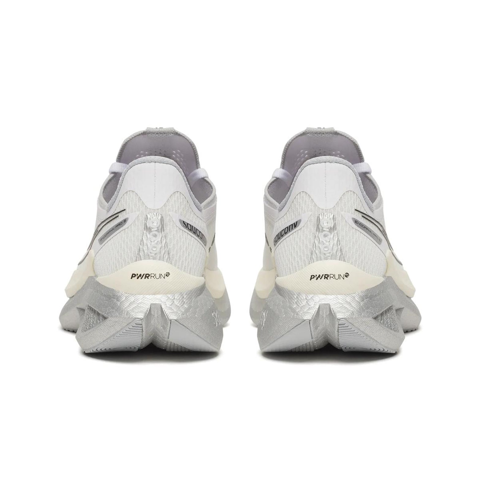 Women's Saucony Endorphin Pro 5 Running Shoes White Black heel view showing dual-layer PWRRUN foam stack with aggressive slotted carbon fibre plate