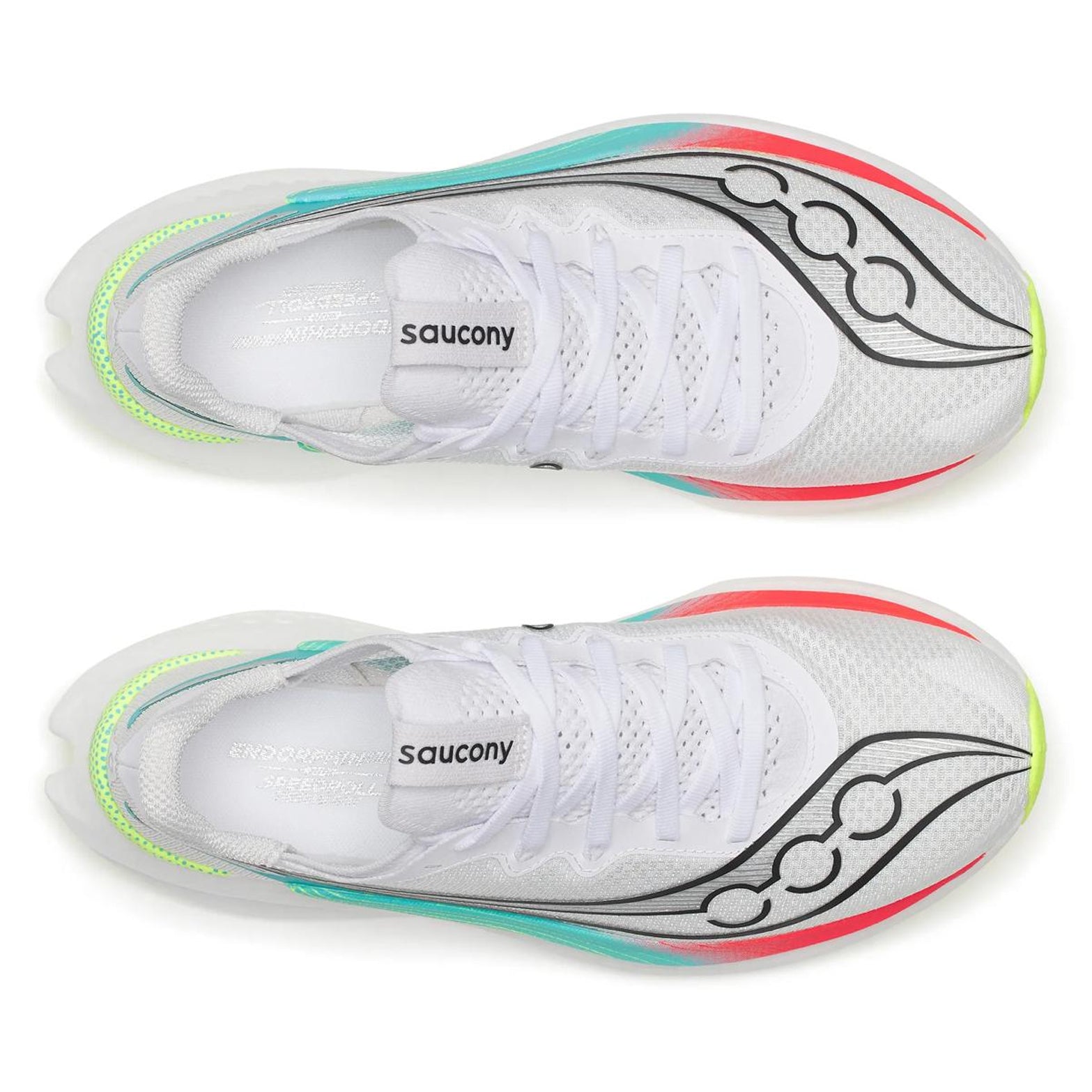 Women's Saucony Endorphin Pro 5 Running Shoes White Multi top view showing lightweight racing upper construction with carbon-plated super shoe design