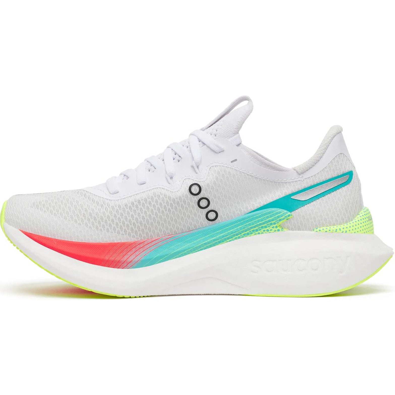 Women's Saucony Endorphin Pro 5 Running Shoes White Multi inner side view showing PWRRUN PB base with carbon plate and enhanced SpeedRoll technology for smooth race day transitions