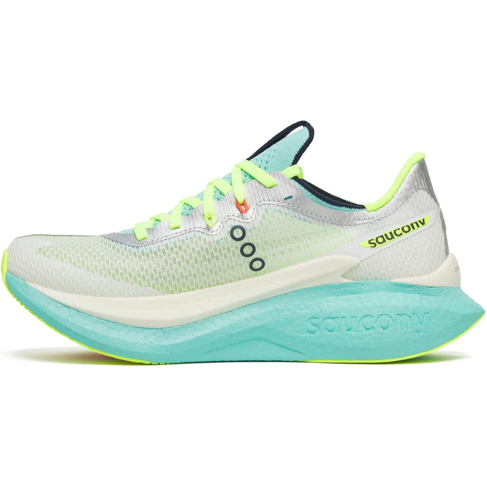 Women's Saucony Endorphin Pro 5 Running Shoes White Splash inner side view showing PWRRUN PB base with carbon plate and enhanced SpeedRoll technology
