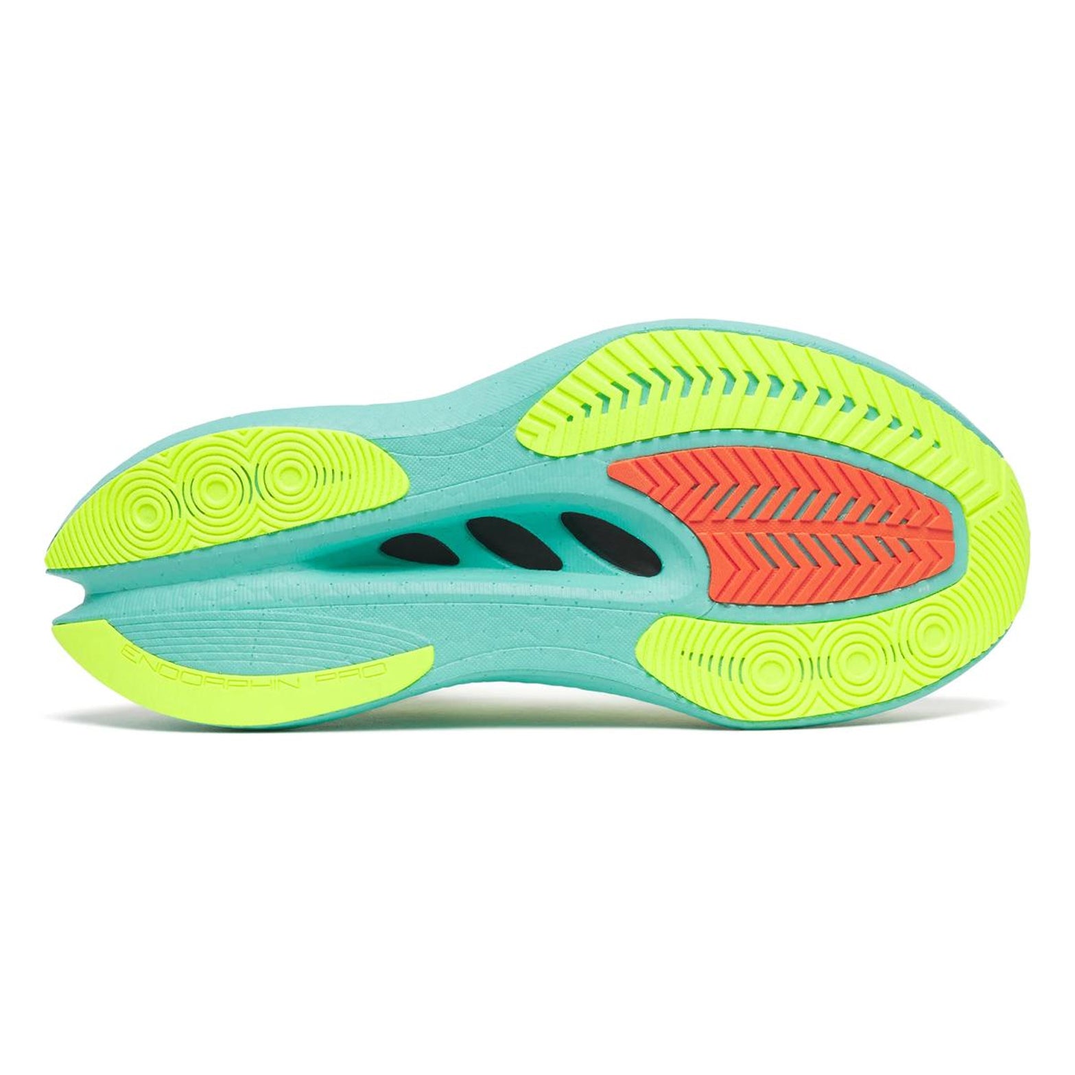 Women's Saucony Endorphin Pro 5 Running Shoes White Splash sole view displaying PWRTRAC rubber outsole with improved grip and surface abrasion resistance