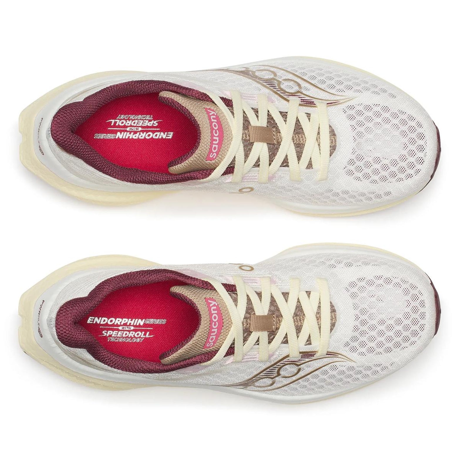 Women's Saucony Endorphin Speed 5 Running Shoes Ivory Maroon top view showing lightweight engineered mesh upper with breathable construction for speed training