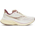 Women's Saucony Endorphin Speed 5 Running Shoes Ivory Maroon outer side view showing full-length semi-rigid nylon plate with responsive PWRRUN PB foam cushioning for tempo running