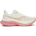 Women's Saucony Endorphin Speed 5 Running Shoes White Beige Pink outer side view showing full-length semi-rigid nylon plate with responsive PWRRUN PB cushioning
