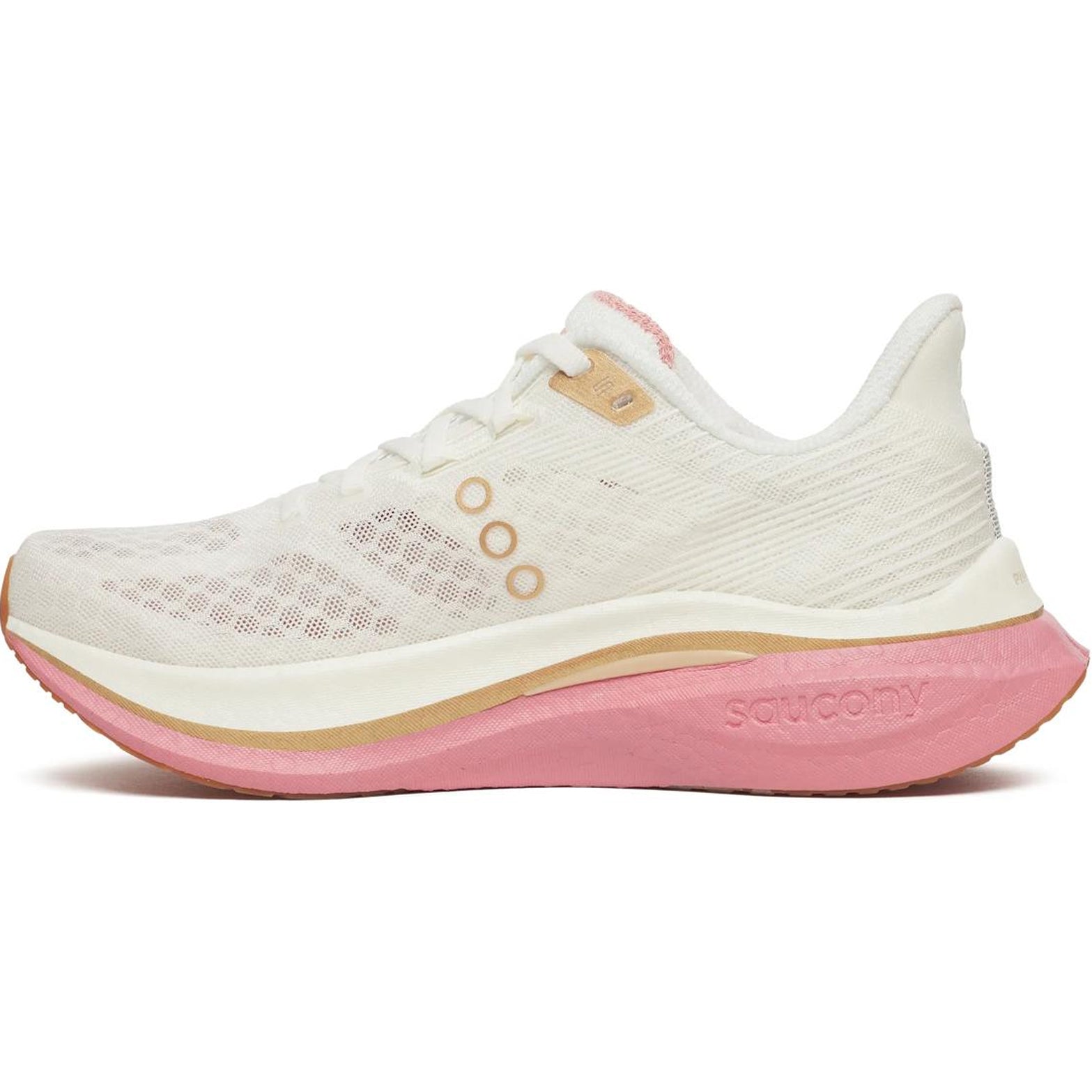 Women's Saucony Endorphin Speed 5 Running Shoes White Beige Pink inner side view showing PWRRUN PB foam layers and nylon plate propulsive construction