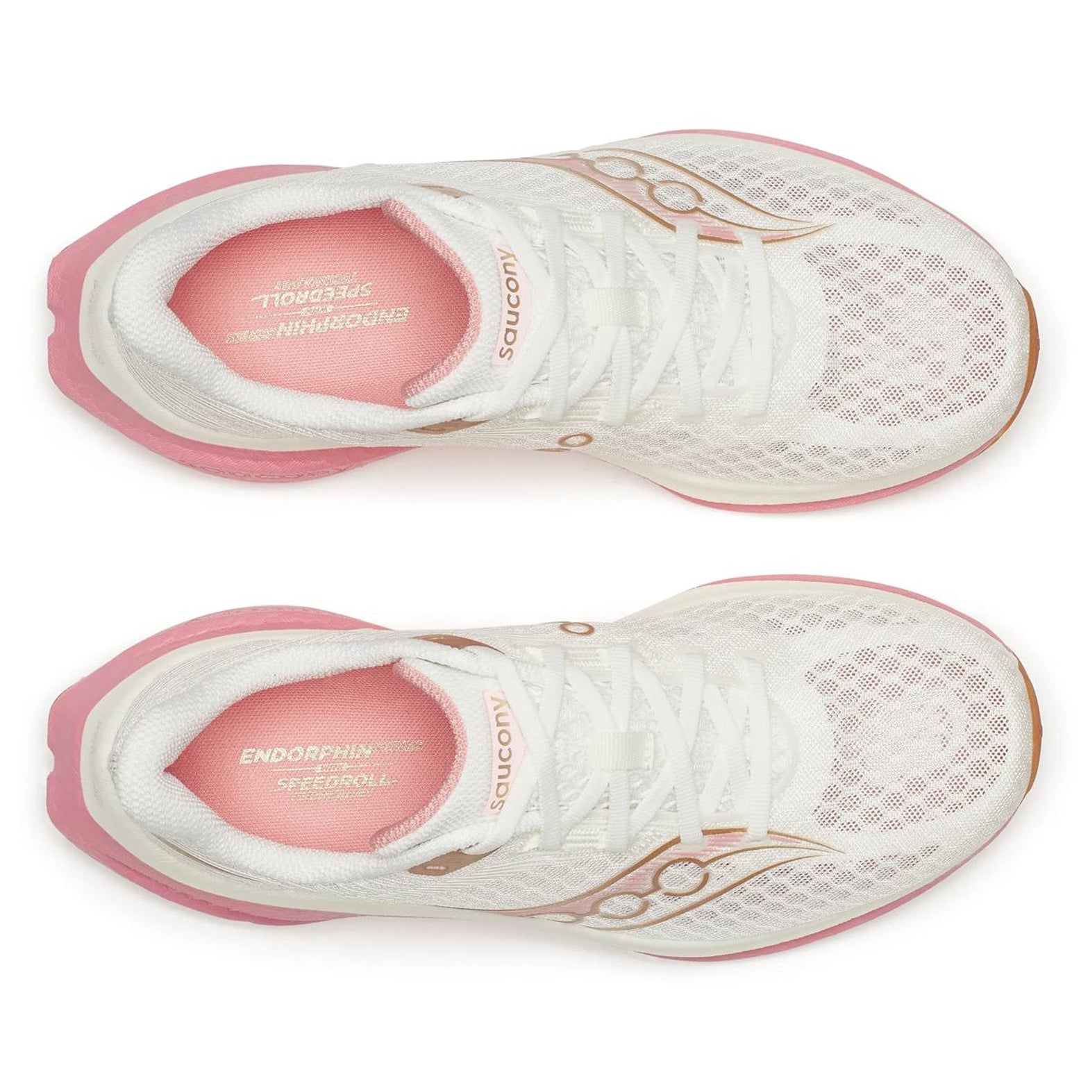 Women's Saucony Endorphin Speed 5 Running Shoes White Beige Pink top view showing lightweight engineered mesh upper with breathable construction for fast-paced running