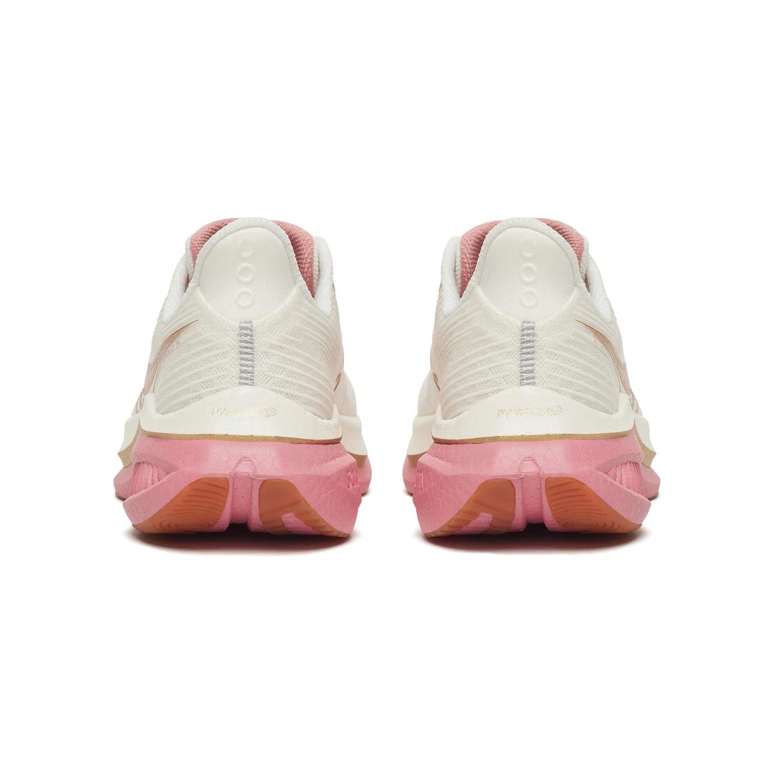Women's Saucony Endorphin Speed 5 Running Shoes White Beige Pink heel view showing PWRRUN PB cushioning stack, nylon plate and expanded heel durability coverage