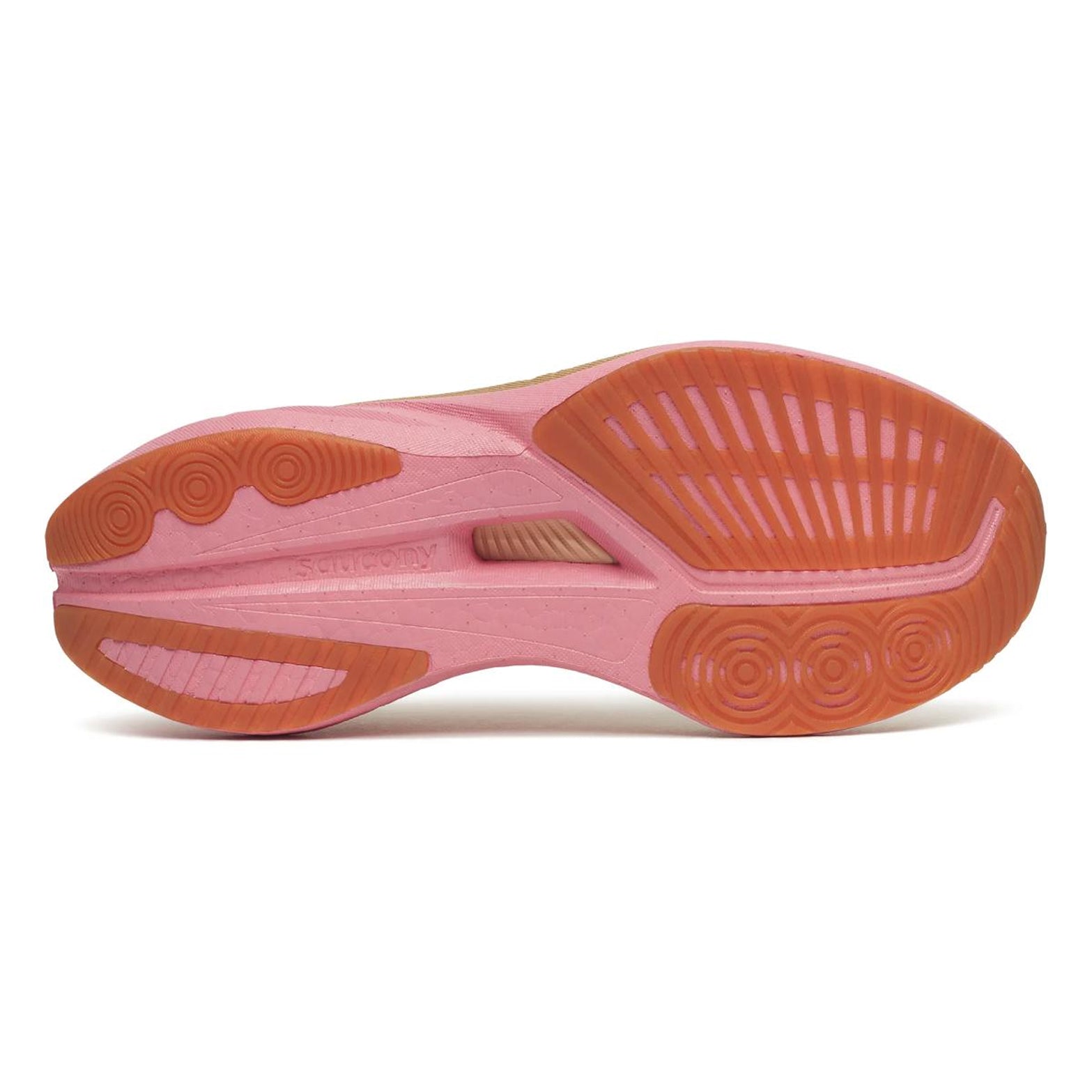 Women's Saucony Endorphin Speed 5 Running Shoes White Beige Pink sole view displaying reconfigured outsole with expanded heel coverage and full-length groove for natural gait
