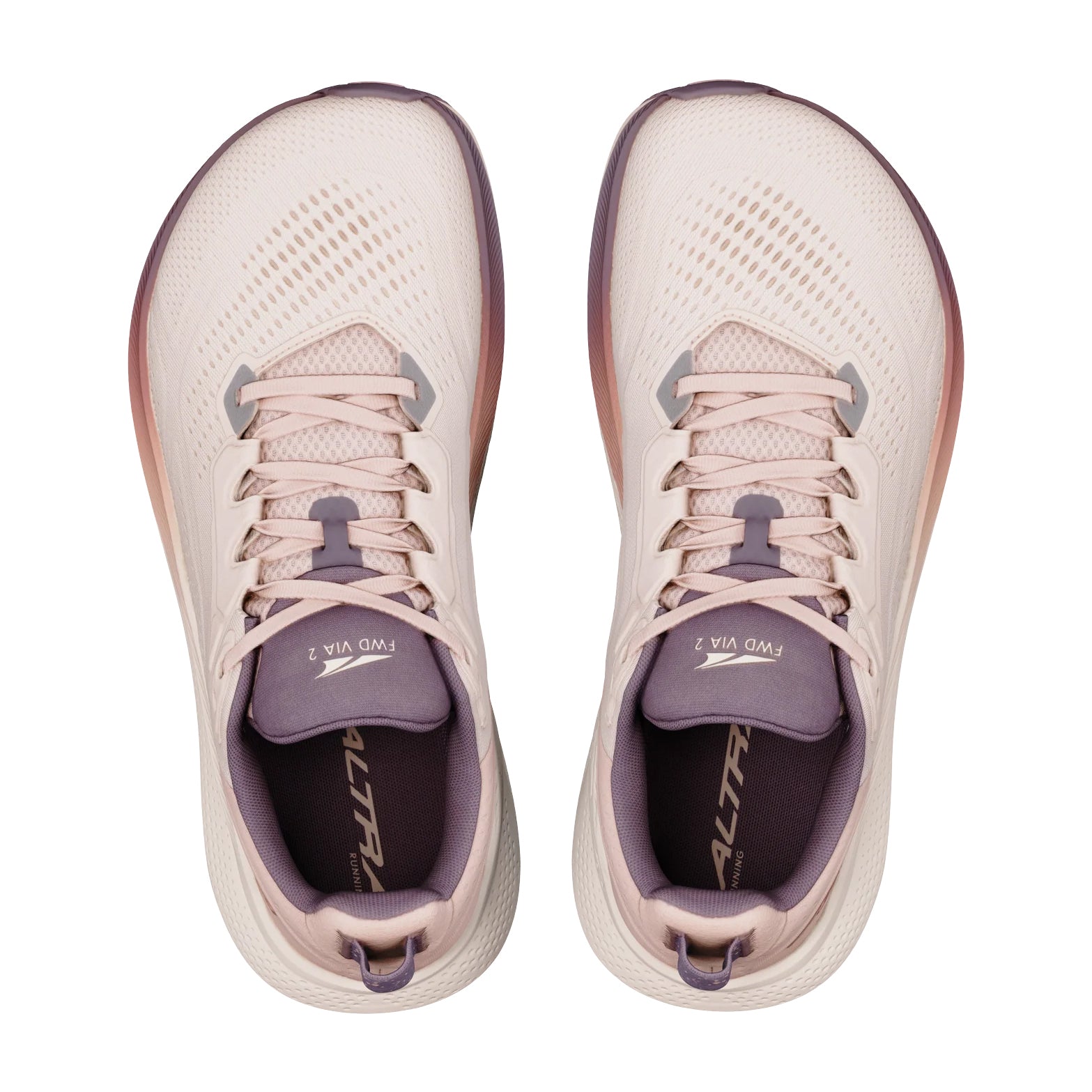 Women's Altra FWD VIA 2 Running Shoes Whisper Pink Rose Gold top view showing engineered mesh upper with updated plush tongue and Original FootShape roomiest toe box for breathable natural foot positioning