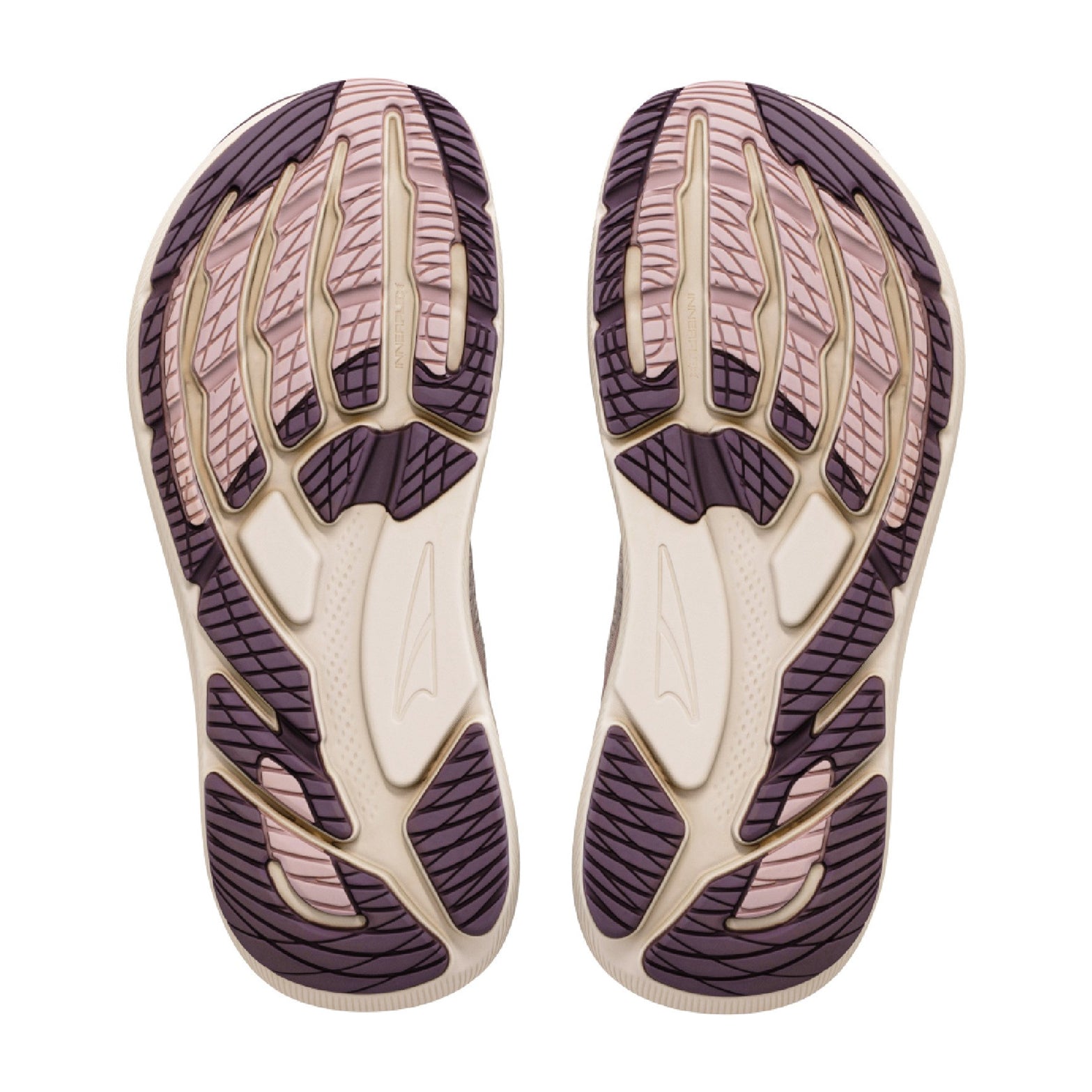 Women's Altra FWD VIA 2 Running Shoes Whisper Pink Rose Gold sole view displaying rubber outsole with rocker shape geometry for smooth efficient natural toe-off during daily road running