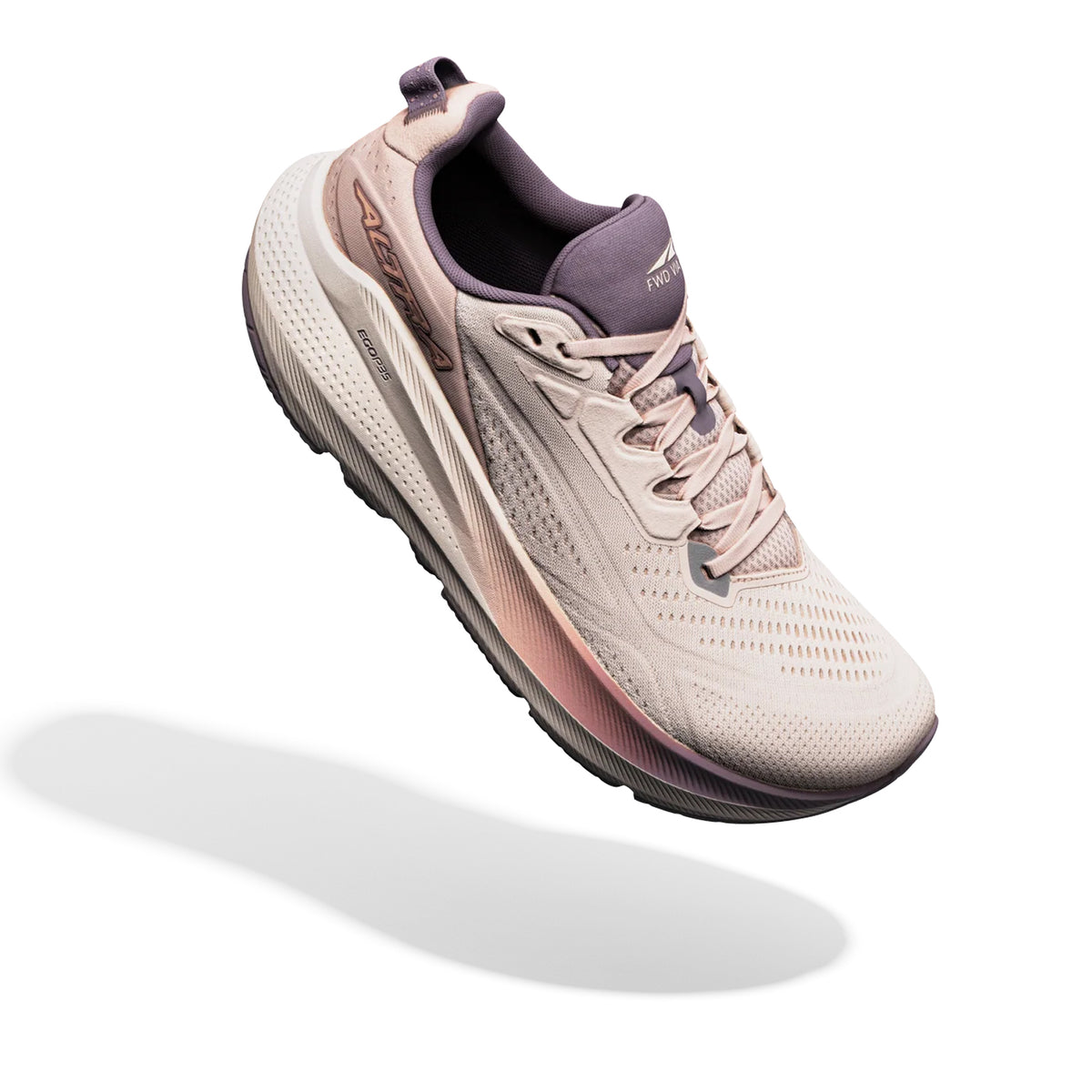 Women's Altra FWD VIA 2 Running Shoes Whisper Pink Rose Gold angled side view showing EGO P35 midsole with rocker shape geometry, engineered mesh upper and rubber outsole for light efficient comfortable daily road running