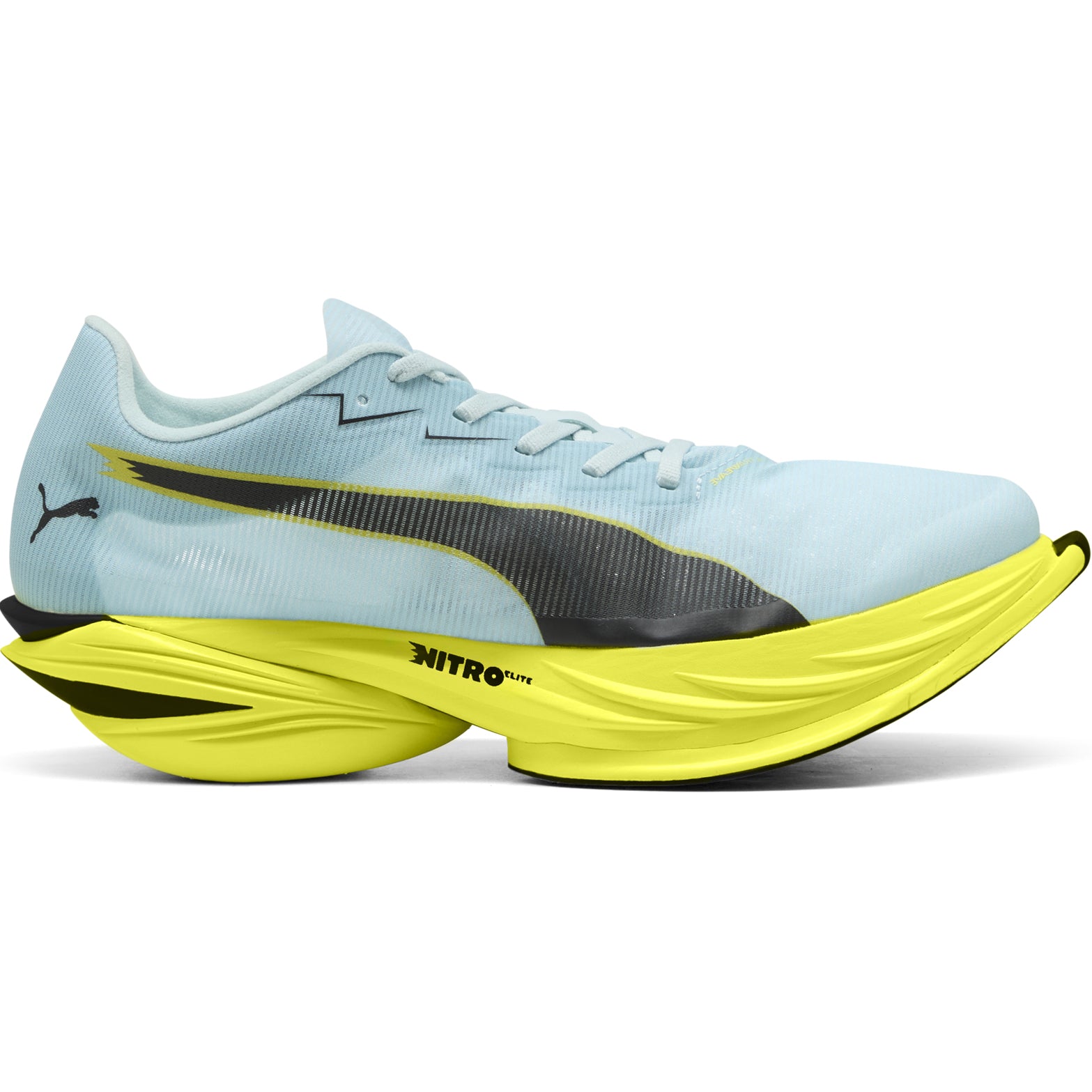 Women's PUMA Fast-R NITRO Elite 3 Running Shoes Fresh Water Lemon Crush outer side view showing NITROFOAM Elite midsole and carbon fibre PWRPLATE