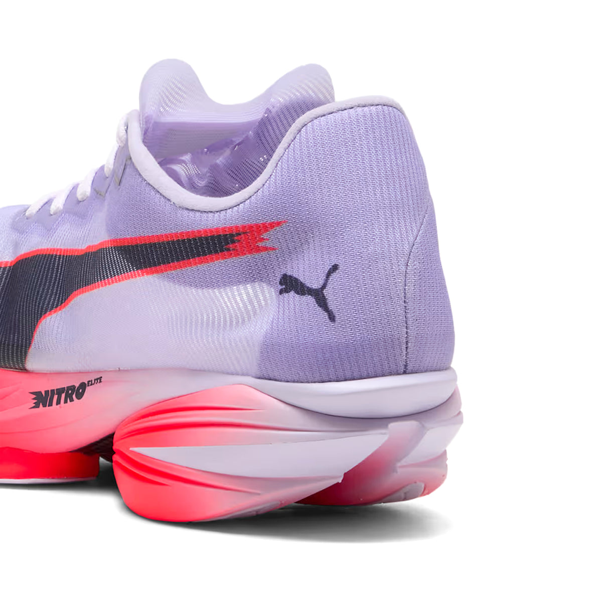 Puma FAST-R Nitro Elite 3 women's running shoe in Lavender / Inky Depths / Ultra Red — heel view showing de-coupled heel design separation, ultra red accent detailing and inky depths NITROFOAM ELITE foam midsole contrast with extended carbon PWRPLATE propulsion geometry