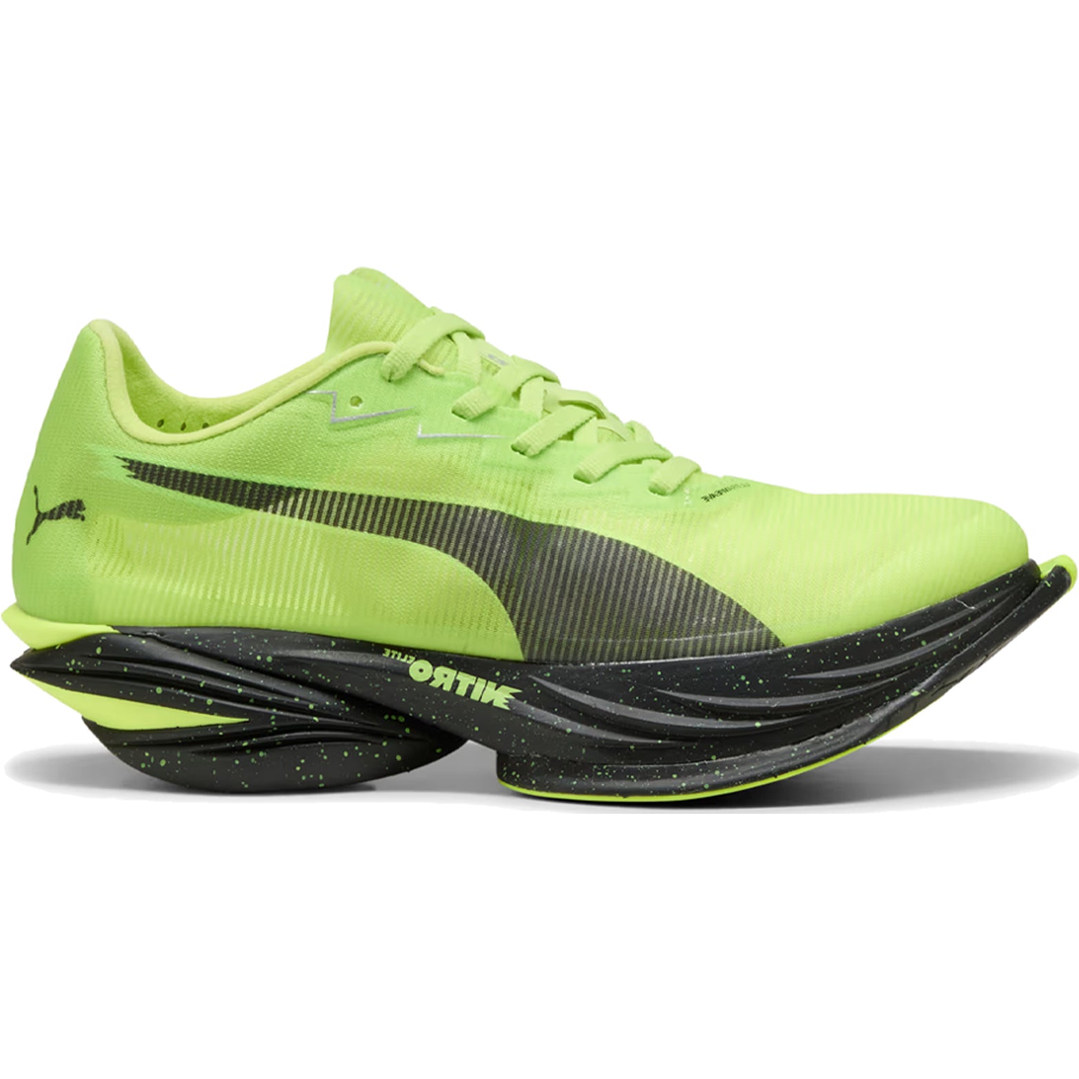 Featuring a vibrant Sunny Lime colorway, the Women’s Fast-R NITRO Elite 3 Running Shoes by Puma are designed for marathon racing. These shoes showcase a thick, black, speckled sole that curves upward at the toe and heel, complemented by a bold Puma logo on the side. Engineered with advanced NITROFOAM ELITE technology, they deliver exceptional energy return and comfort for long-distance runners.